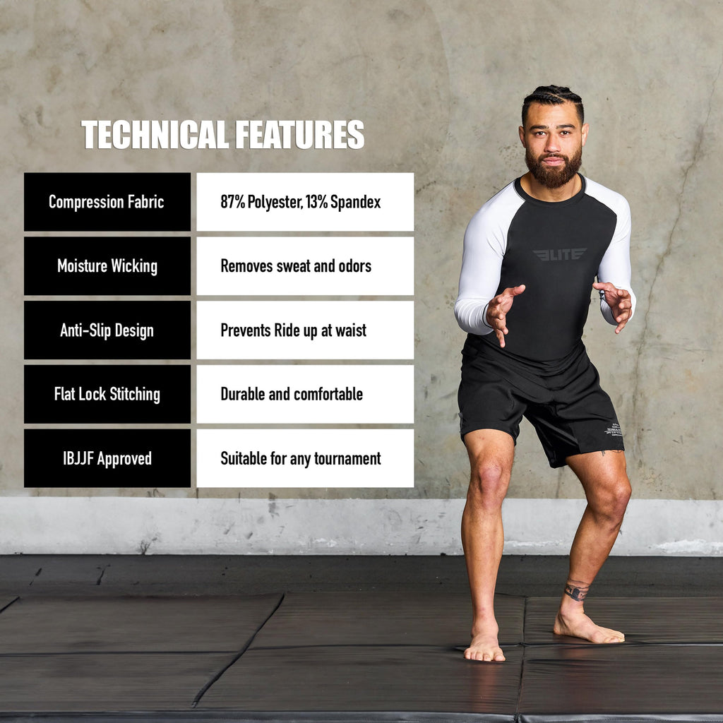 Elite Sports Men's Jiu Jitsu BJJ Rash Guard, Long Full Sleeve Compression Shirt for Sports Nogi Training
