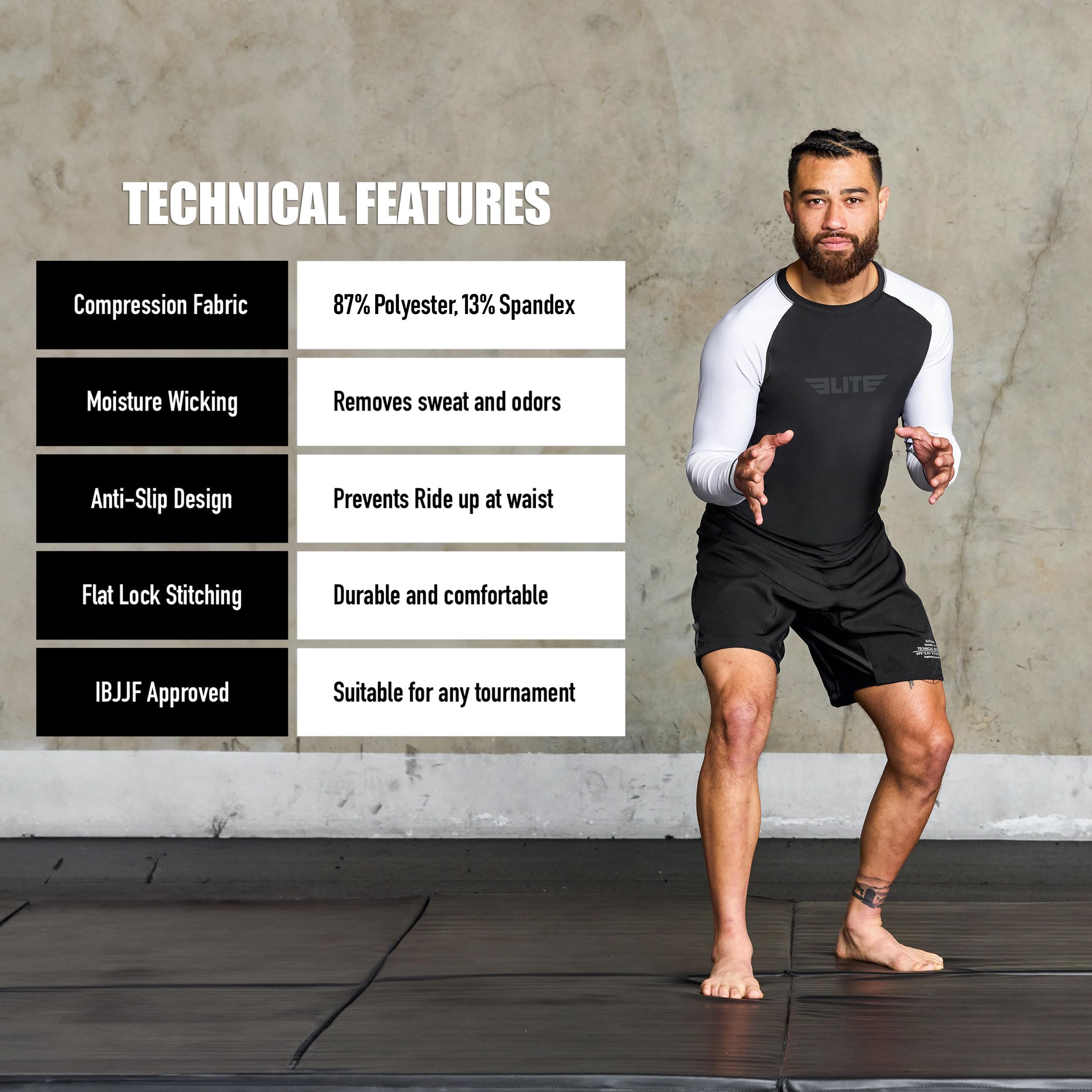 Elite Sports Men's Jiu Jitsu BJJ Rash Guard, Long Full Sleeve Compression Shirt for Sports Nogi Training