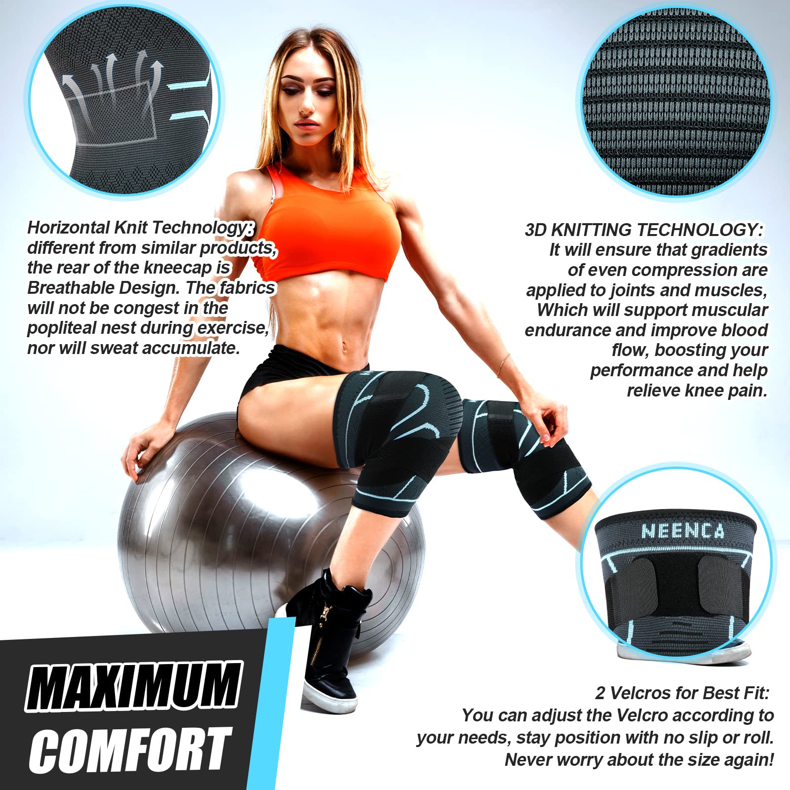 NEENCA Knee Braces for Knee Pain- 2 Pack Knee Sleeves for Pain Relief Set, Knee Compression Sleeves with Adjustable Straps for Best Fit, for Sports, Runner, Meniscus Tear, ACL, Arthritis, Joint Pain..