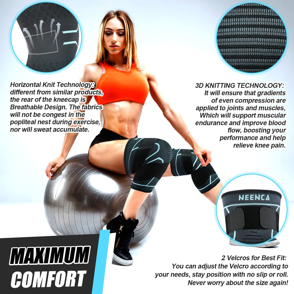 NEENCA Knee Braces for Knee Pain- 2 Pack Knee Sleeves for Pain Relief Set, Knee Compression Sleeves with Adjustable Straps for Best Fit, for Sports, Runner, Meniscus Tear, ACL, Arthritis, Joint Pain..