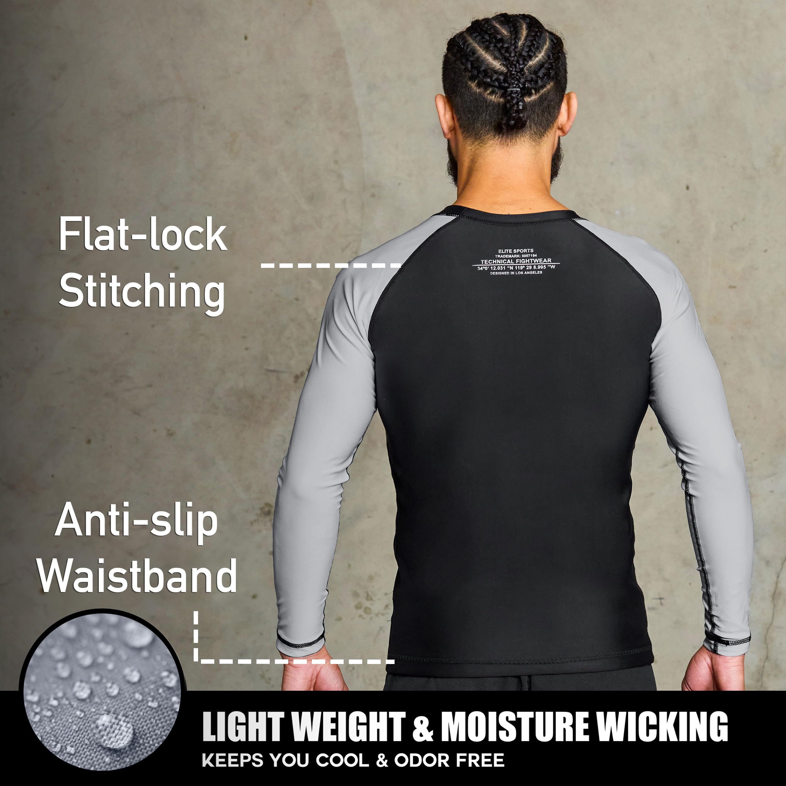 Elite Sports Men's Jiu Jitsu BJJ Rash Guard, Long Full Sleeve Compression Shirt for Sports Nogi Training
