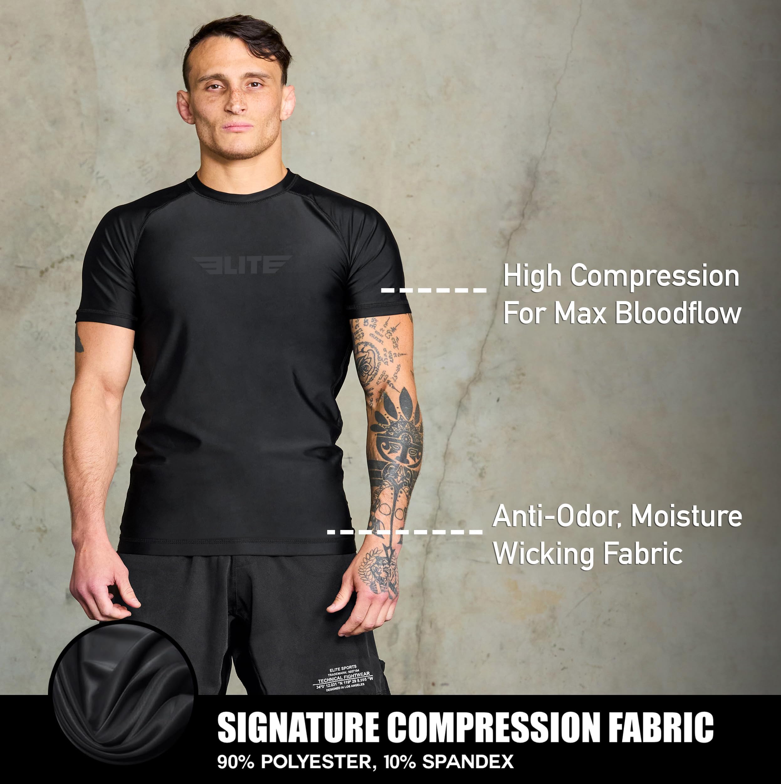 Elite Sports Jiu Jitsu BJJ Rash Guards, Men’s BJJ, No GI, MMA Ranked Short Sleeve Compression Base Layer Rash Guard