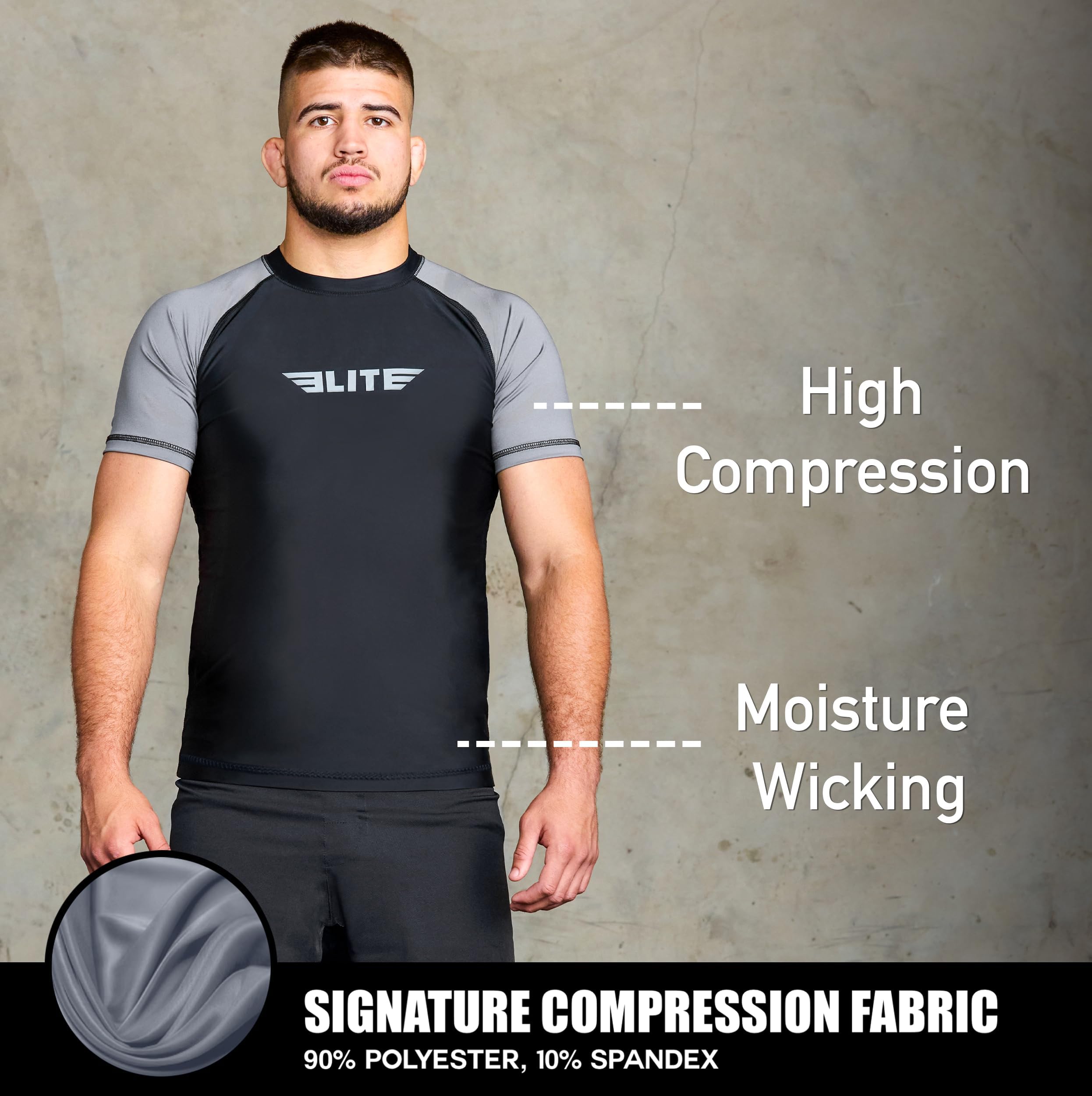 Elite Sports Jiu Jitsu BJJ Rash Guards, Men’s BJJ, No GI, MMA Ranked Short Sleeve Compression Base Layer Rash Guard