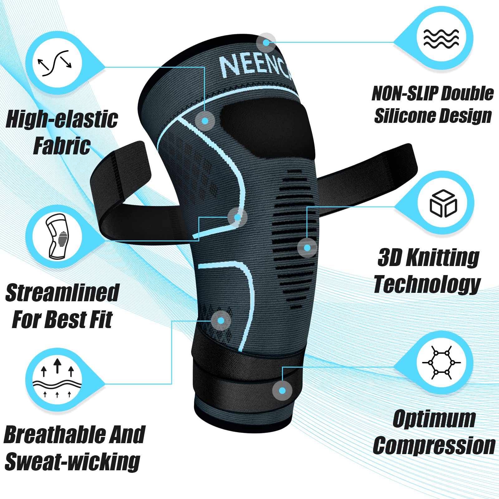 NEENCA Knee Braces for Knee Pain- 2 Pack Knee Sleeves for Pain Relief Set, Knee Compression Sleeves with Adjustable Straps for Best Fit, for Sports, Runner, Meniscus Tear, ACL, Arthritis, Joint Pain..