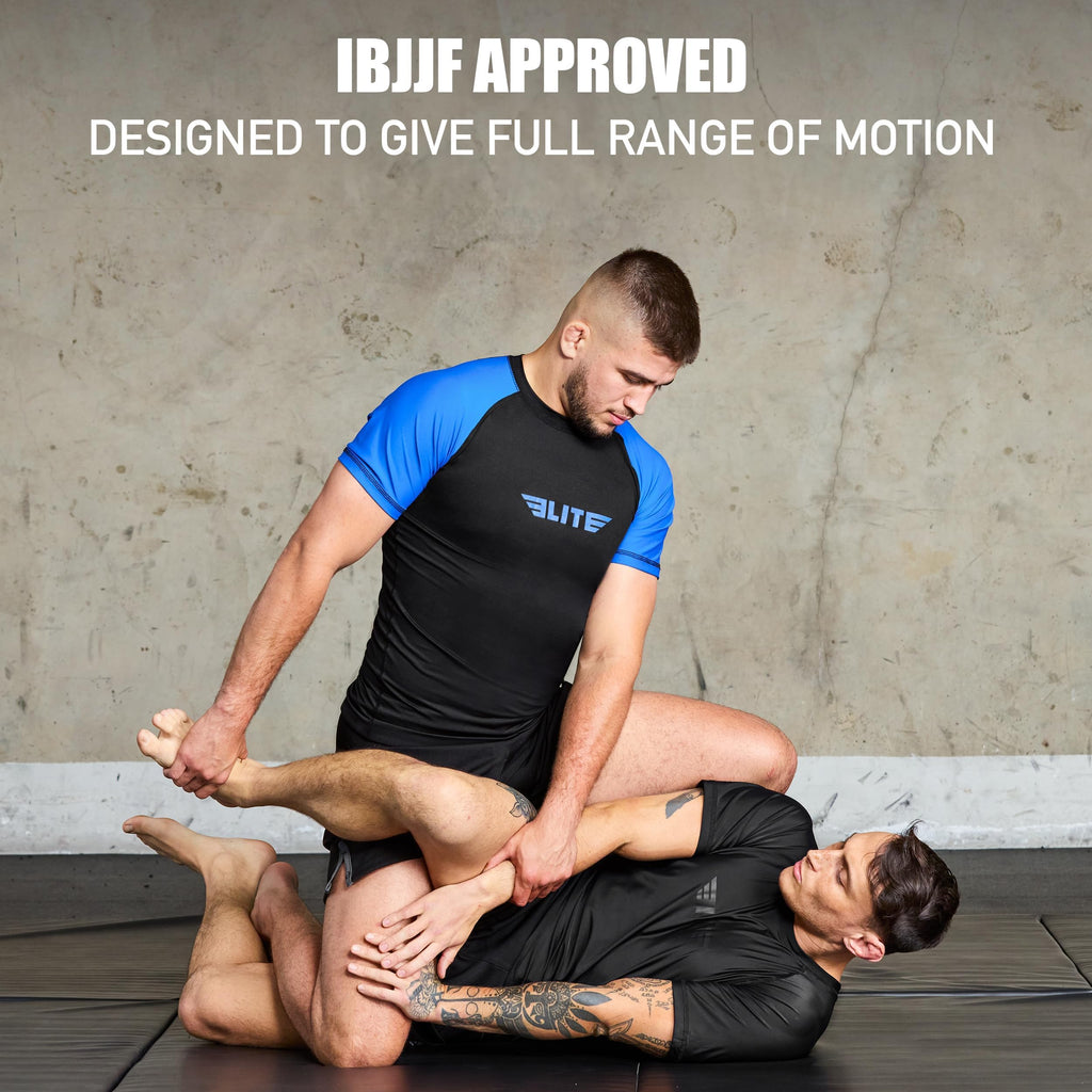 Elite Sports Jiu Jitsu BJJ Rash Guards, Men’s BJJ, No GI, MMA Ranked Short Sleeve Compression Base Layer Rash Guard