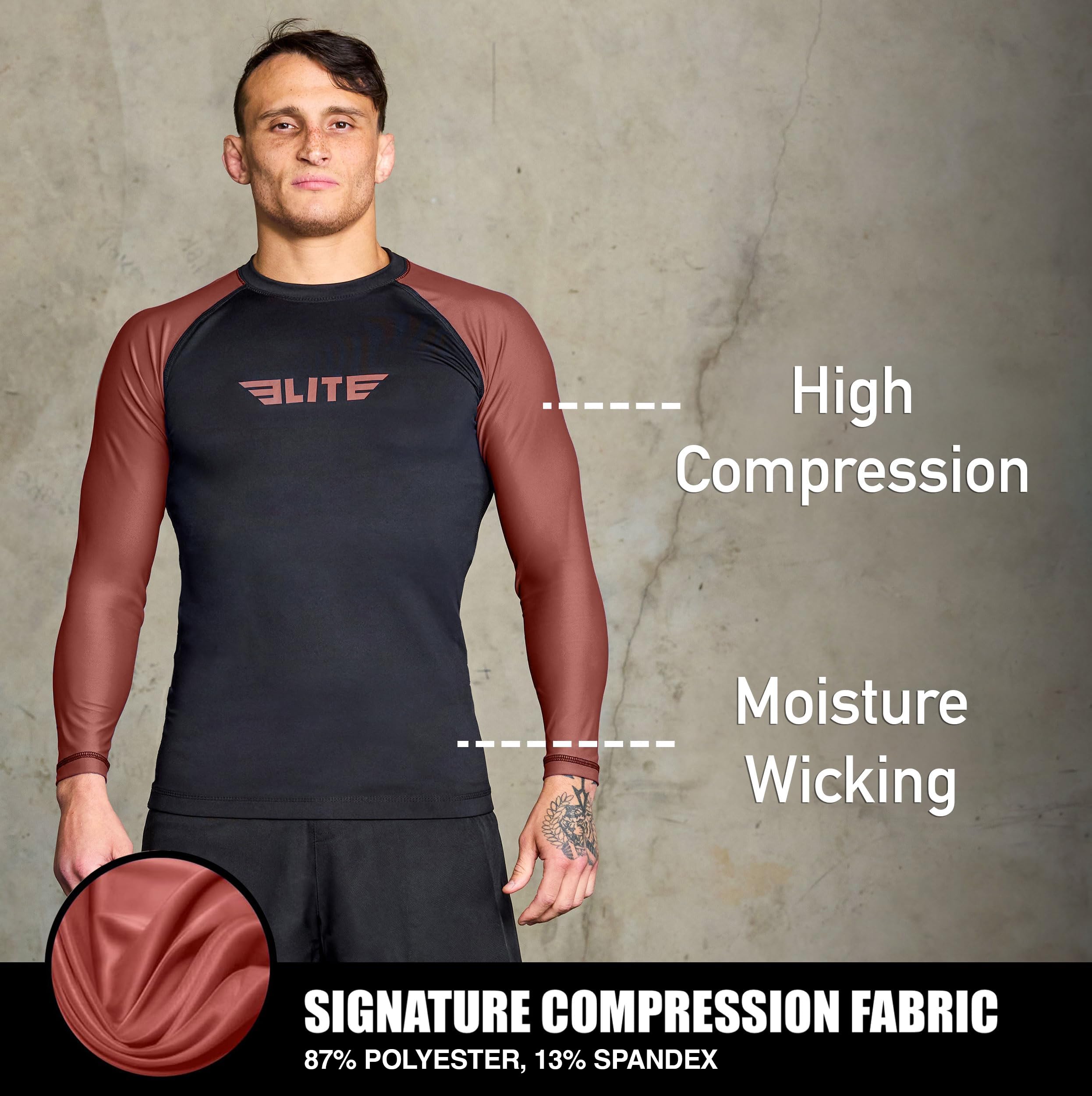 Elite Sports Men's Jiu Jitsu BJJ Rash Guard, Long Full Sleeve Compression Shirt for Sports Nogi Training