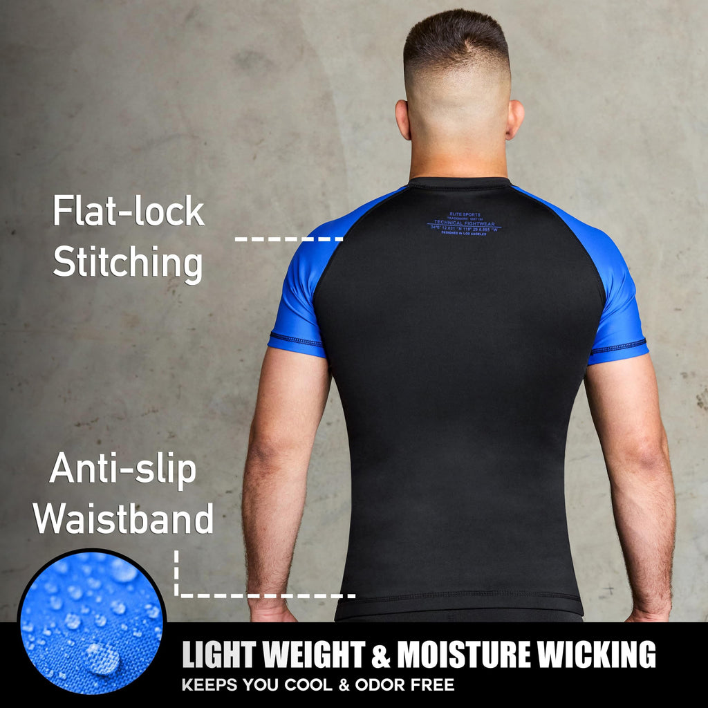 Elite Sports Jiu Jitsu BJJ Rash Guards, Men’s BJJ, No GI, MMA Ranked Short Sleeve Compression Base Layer Rash Guard