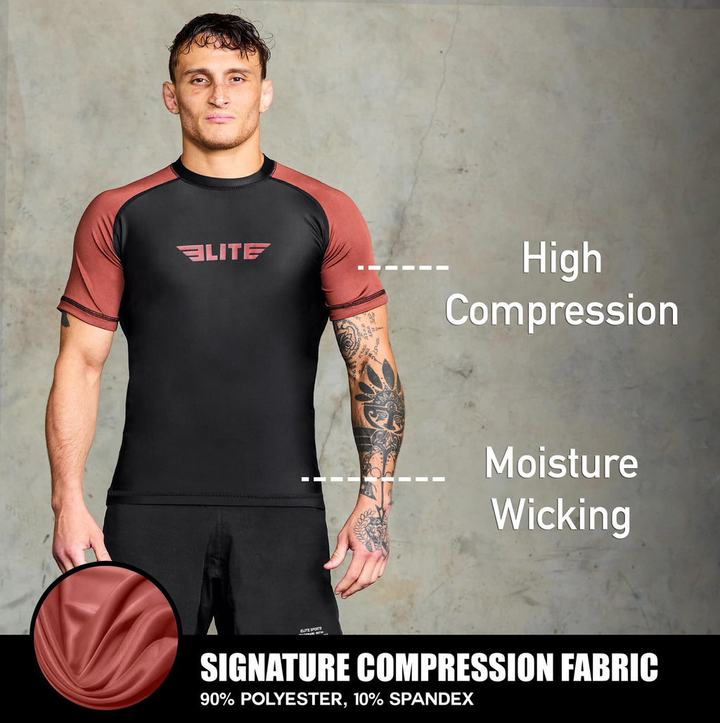 Elite Sports Jiu Jitsu BJJ Rash Guards, Men’s BJJ, No GI, MMA Ranked Short Sleeve Compression Base Layer Rash Guard