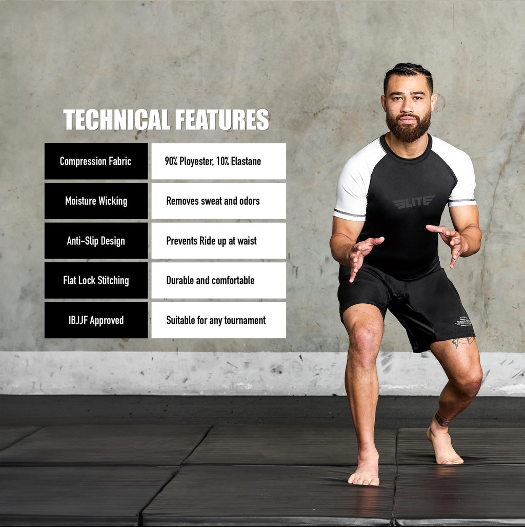 Elite Sports Jiu Jitsu BJJ Rash Guards, Men’s BJJ, No GI, MMA Ranked Short Sleeve Compression Base Layer Rash Guard