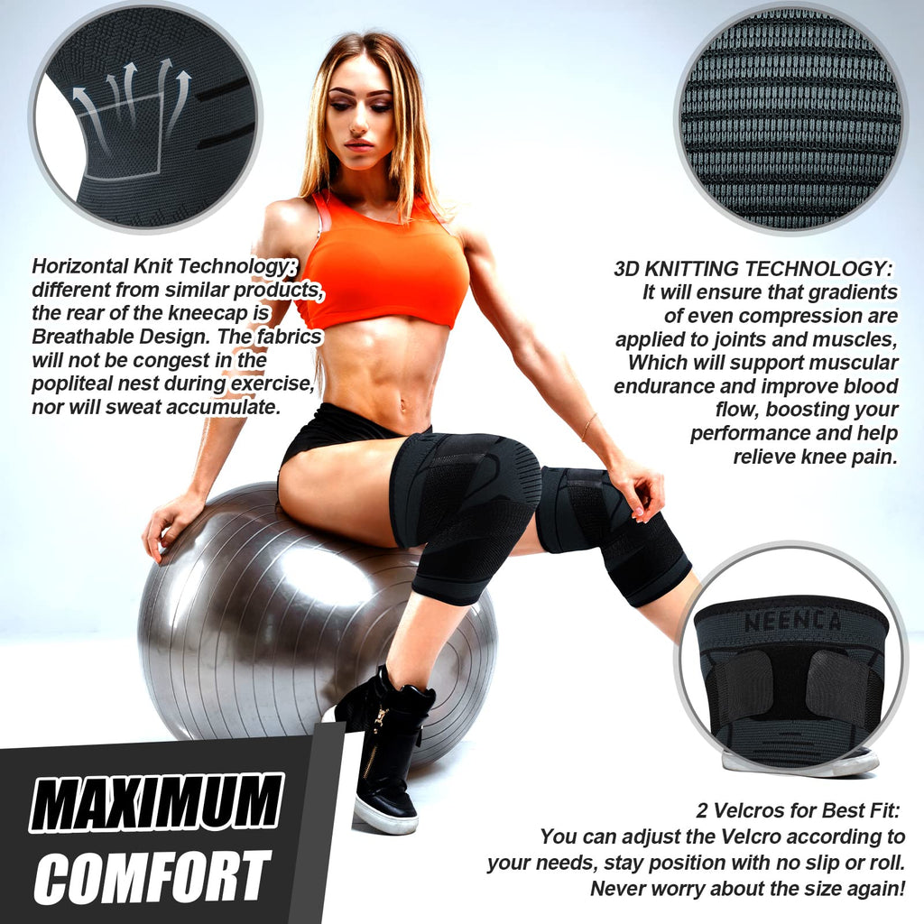 NEENCA Knee Braces for Knee Pain- 2 Pack Knee Sleeves for Pain Relief Set, Knee Compression Sleeves with Adjustable Straps for Best Fit, for Sports, Runner, Meniscus Tear, ACL, Arthritis, Joint Pain..