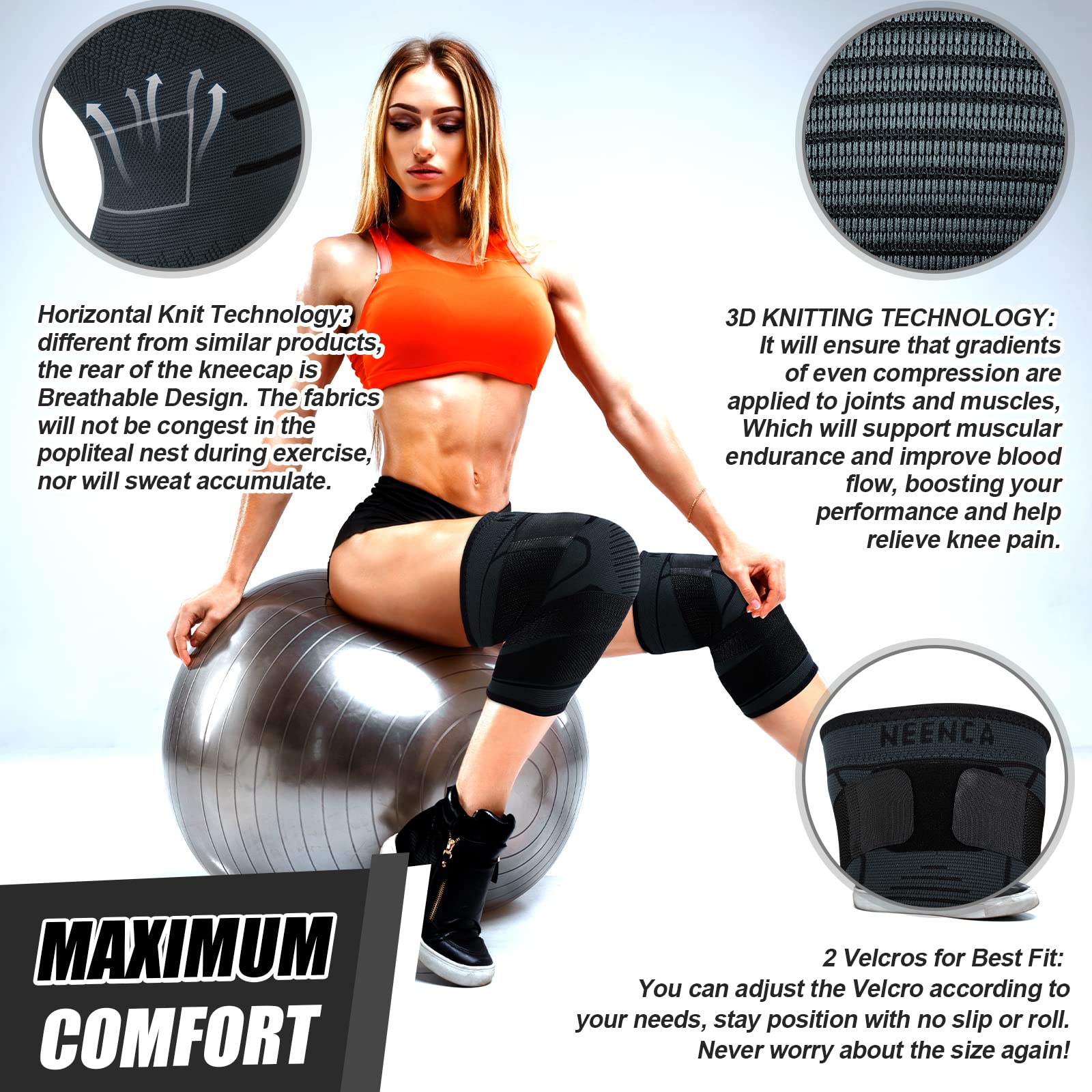 NEENCA Knee Braces for Knee Pain- 2 Pack Knee Sleeves for Pain Relief Set, Knee Compression Sleeves with Adjustable Straps for Best Fit, for Sports, Runner, Meniscus Tear, ACL, Arthritis, Joint Pain..