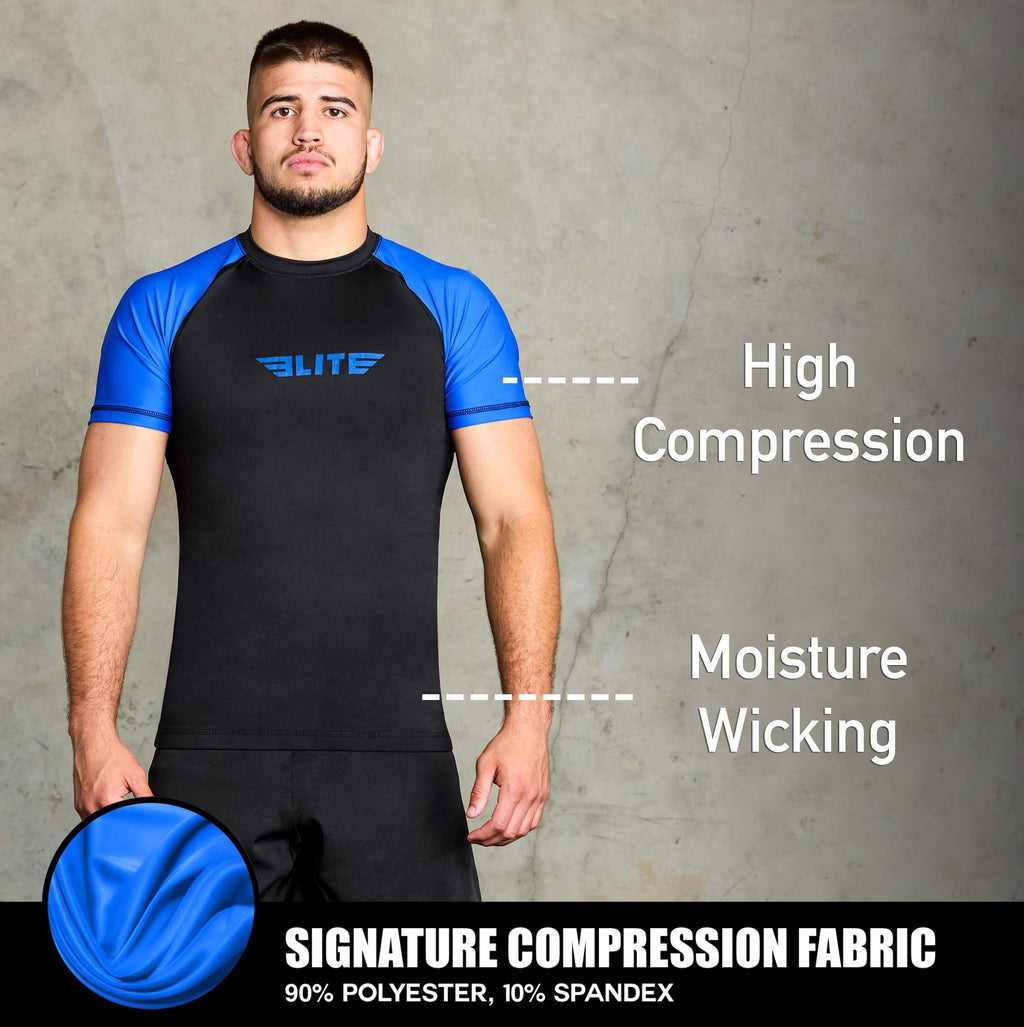 Elite Sports Jiu Jitsu BJJ Rash Guards, Men’s BJJ, No GI, MMA Ranked Short Sleeve Compression Base Layer Rash Guard