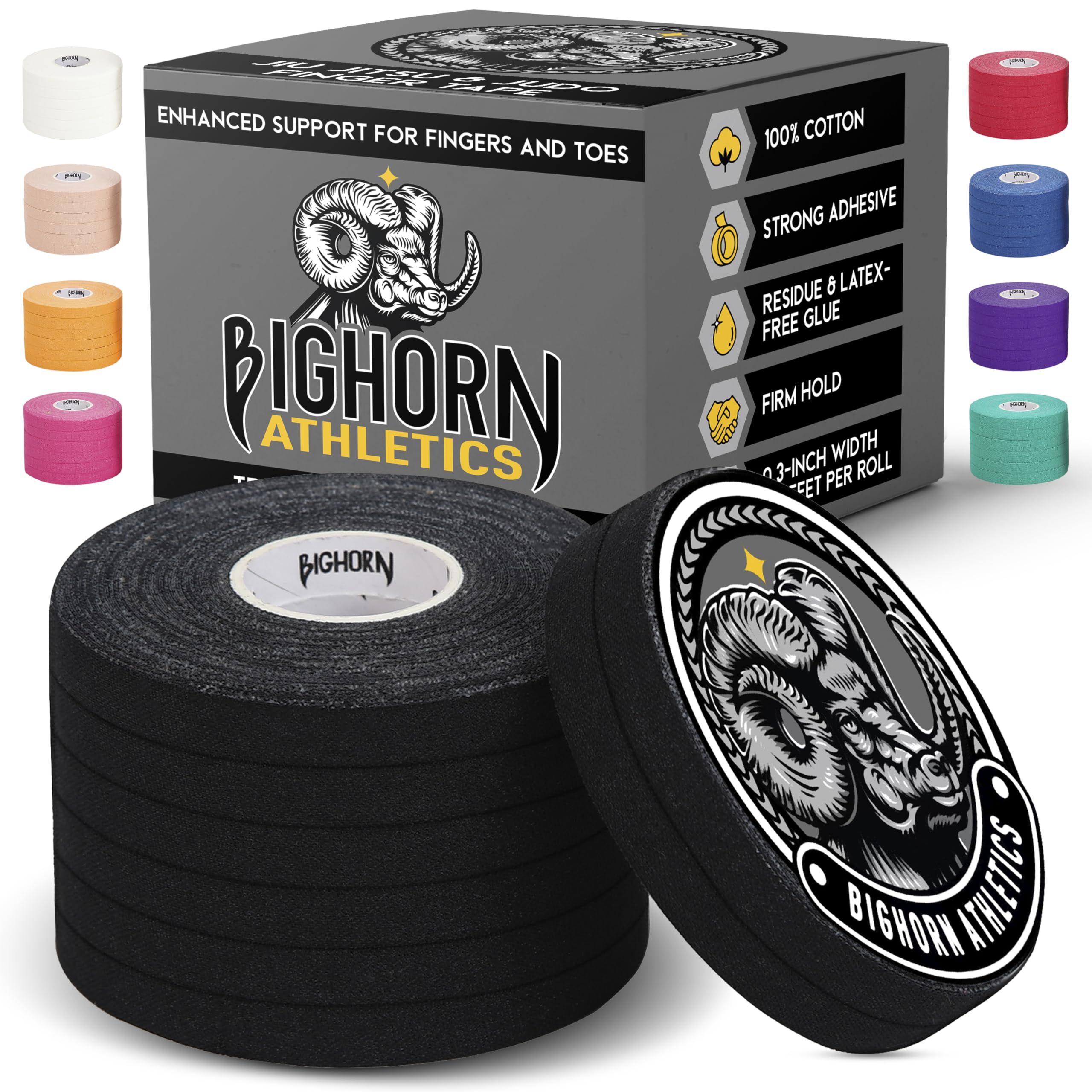 Bighorn Athletics Jiu Jitsu Finger Tape | Residue-Free Athletic Finger Tape for Sports & Injuries: Rock Climbing, Volleyball, Football, Basketball, Hands & Toes | 0.3-Inch x 45-feet, 8-Rolls, Black