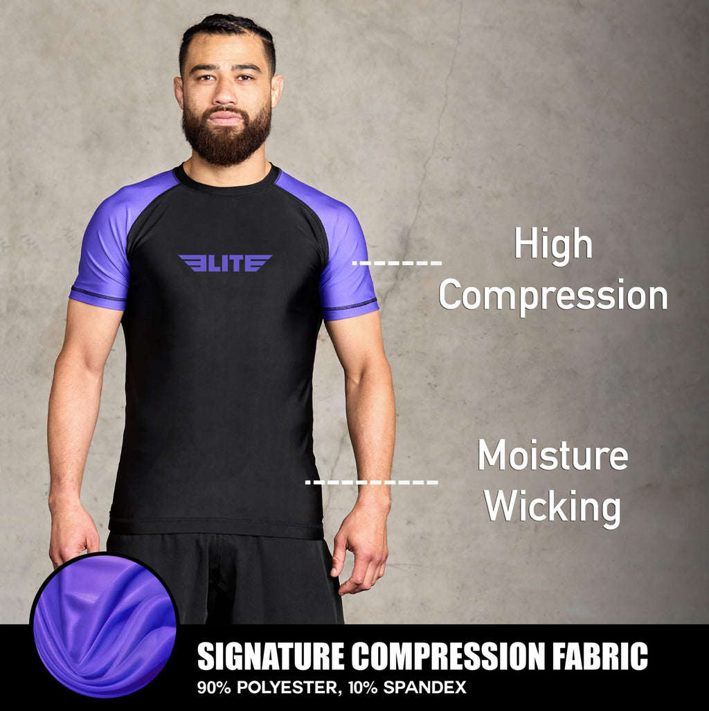 Elite Sports Jiu Jitsu BJJ Rash Guards, Men’s BJJ, No GI, MMA Ranked Short Sleeve Compression Base Layer Rash Guard