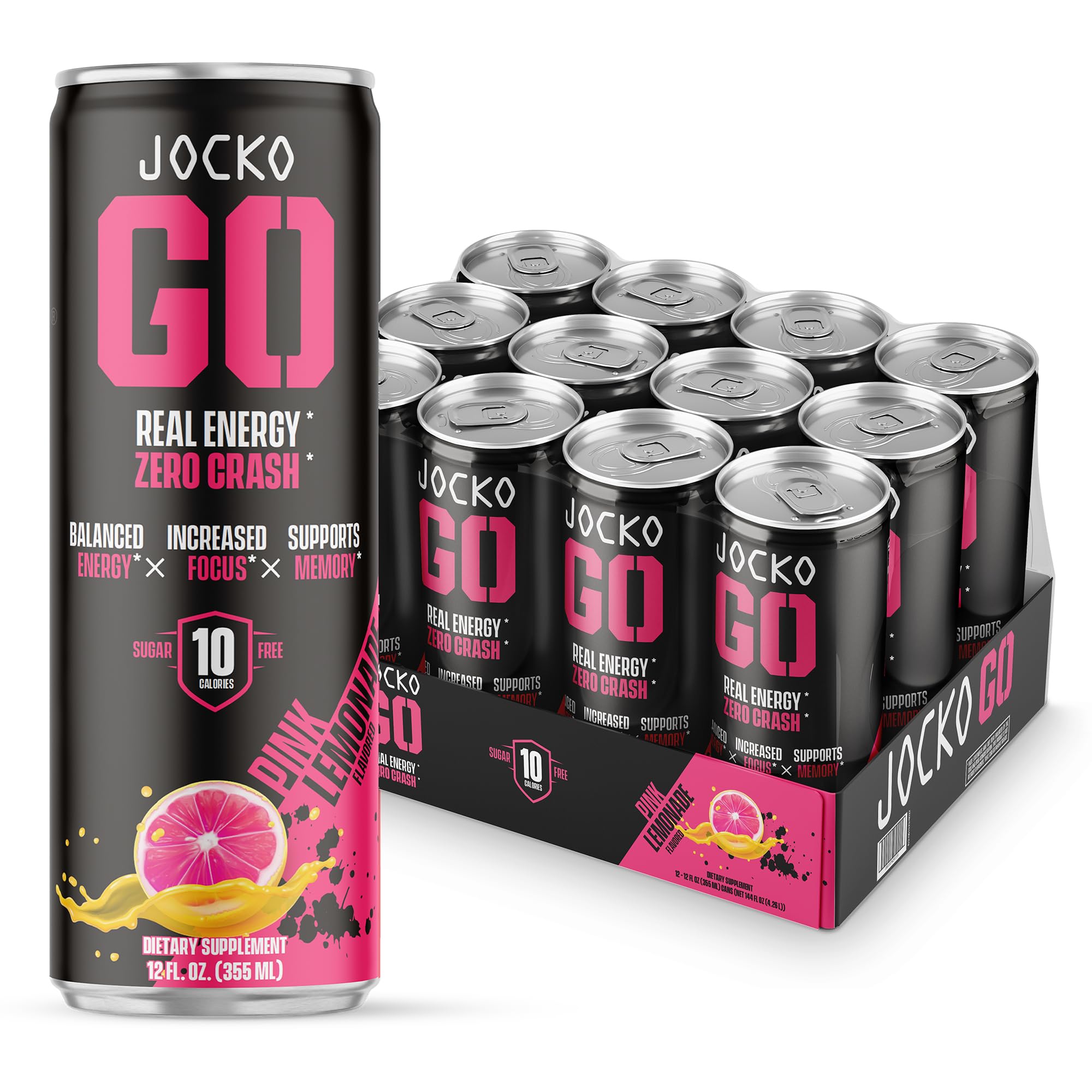 Jocko Fuel Blue Raspberry Energy Drink, 12 Pack, 0 Sugar, 95mg Caffeine, Supports Brain Health
