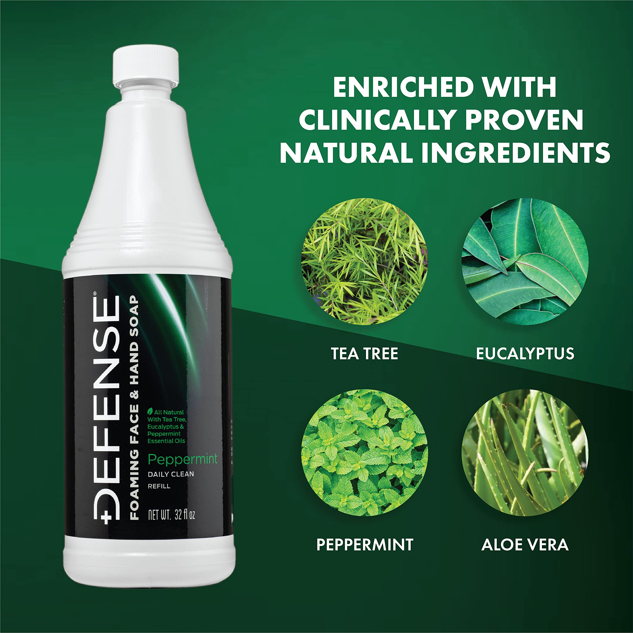 Defense Liquid Foaming Face & Hand Soap 7.5 Fl Oz with Tea Tree, Eucalyptus, Jojoba, Aloe Vera, Olive & Coconut Oils