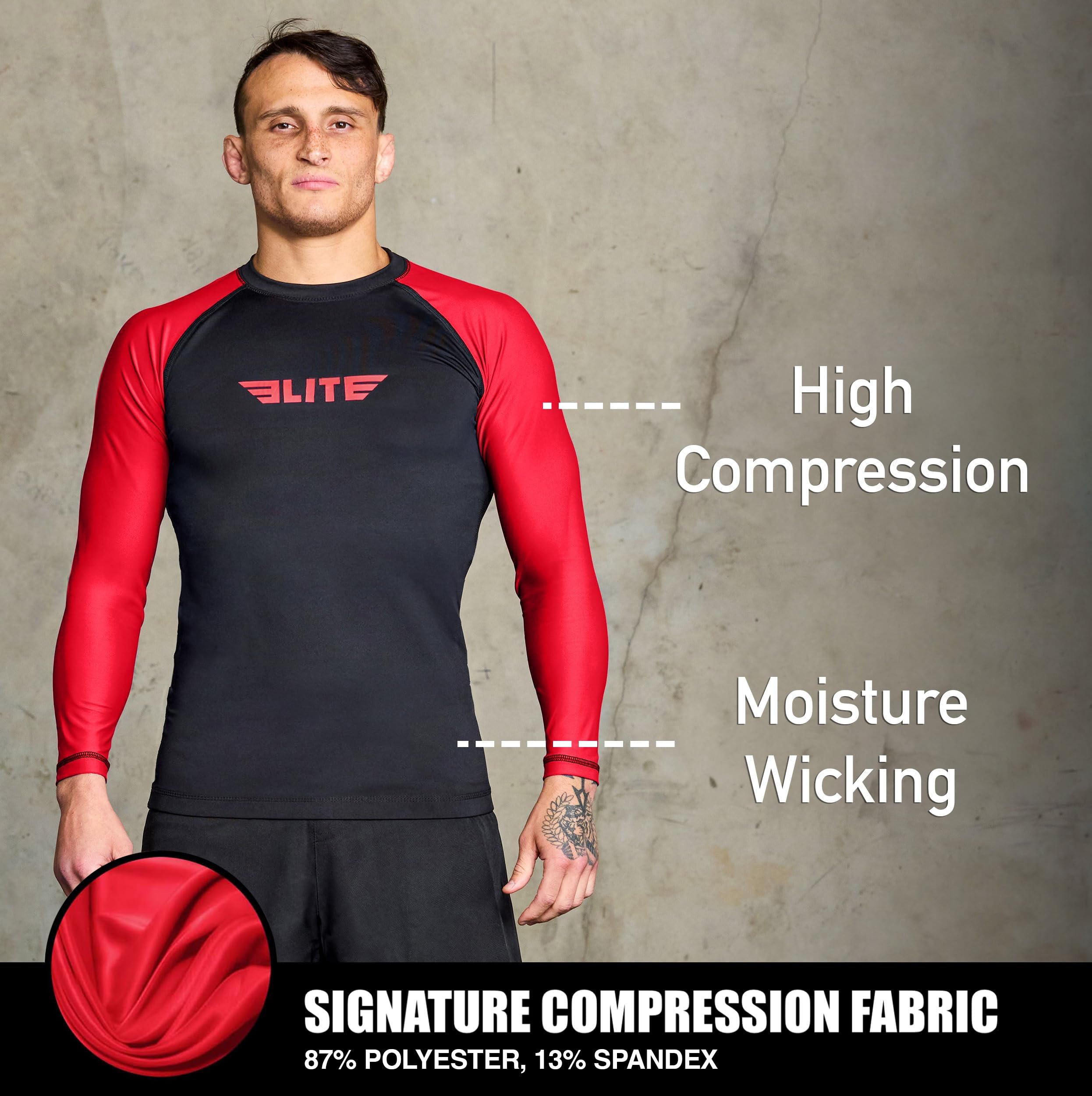 Elite Sports Men's Jiu Jitsu BJJ Rash Guard, Long Full Sleeve Compression Shirt for Sports Nogi Training