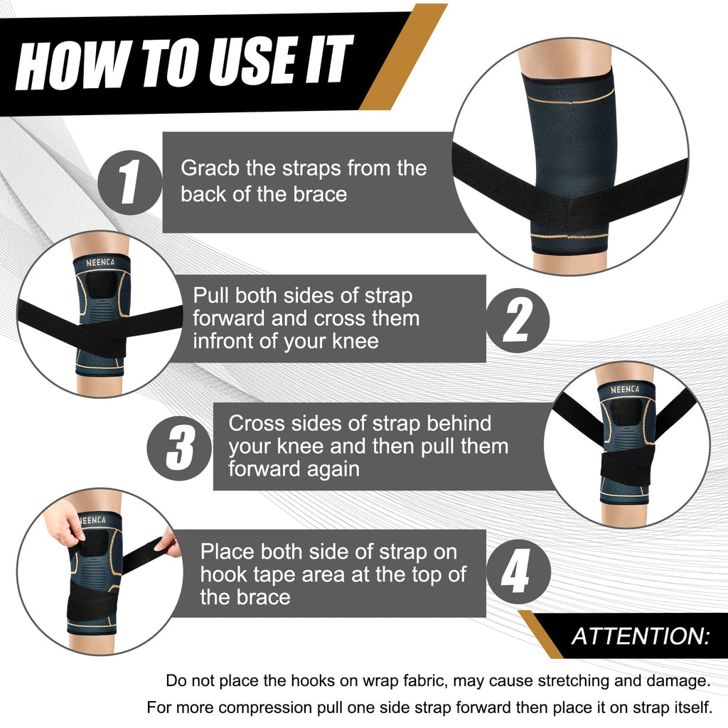 NEENCA Knee Braces for Knee Pain- 2 Pack Knee Sleeves for Pain Relief Set, Knee Compression Sleeves with Adjustable Straps for Best Fit, for Sports, Runner, Meniscus Tear, ACL, Arthritis, Joint Pain..