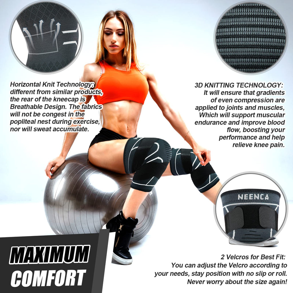 NEENCA Knee Braces for Knee Pain- 2 Pack Knee Sleeves for Pain Relief Set, Knee Compression Sleeves with Adjustable Straps for Best Fit, for Sports, Runner, Meniscus Tear, ACL, Arthritis, Joint Pain..