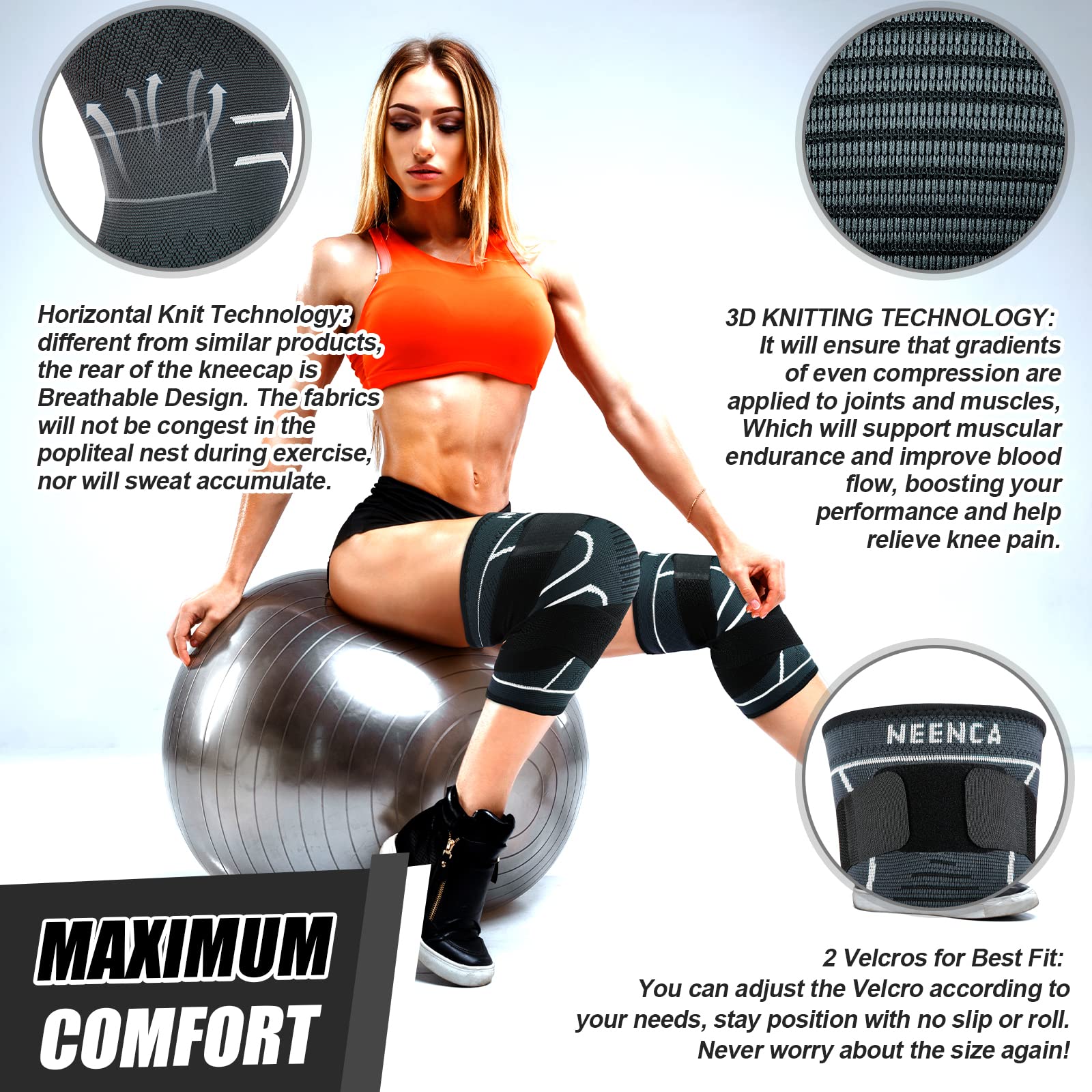 NEENCA Knee Braces for Knee Pain- 2 Pack Knee Sleeves for Pain Relief Set, Knee Compression Sleeves with Adjustable Straps for Best Fit, for Sports, Runner, Meniscus Tear, ACL, Arthritis, Joint Pain..