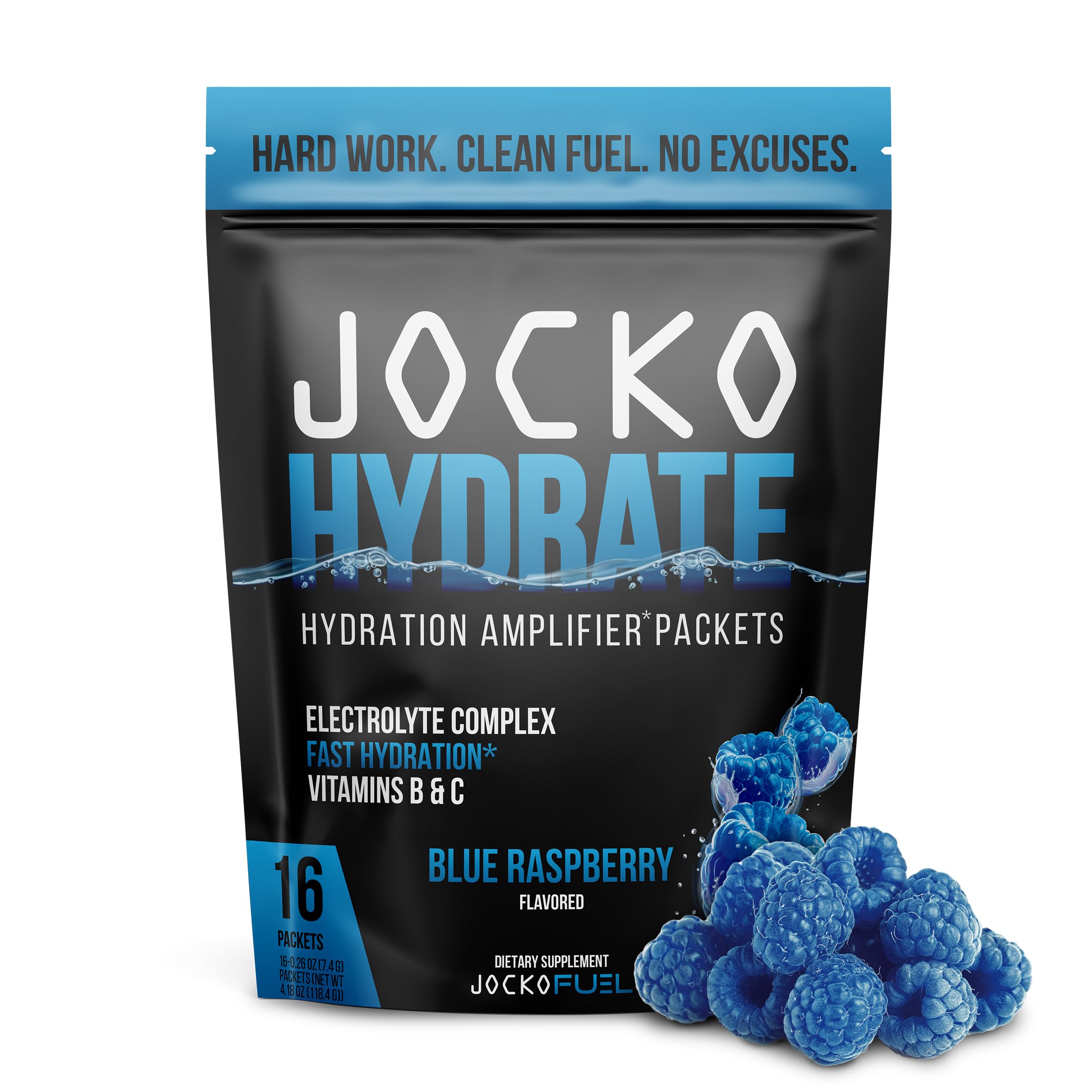 Jocko Fuel Packets Low Sugar - Hydration Amplifier Packets for Recovery, Dehydration, & Exercise - with Vitamins B6, B12 & C (16 Packets) Lemon Lime