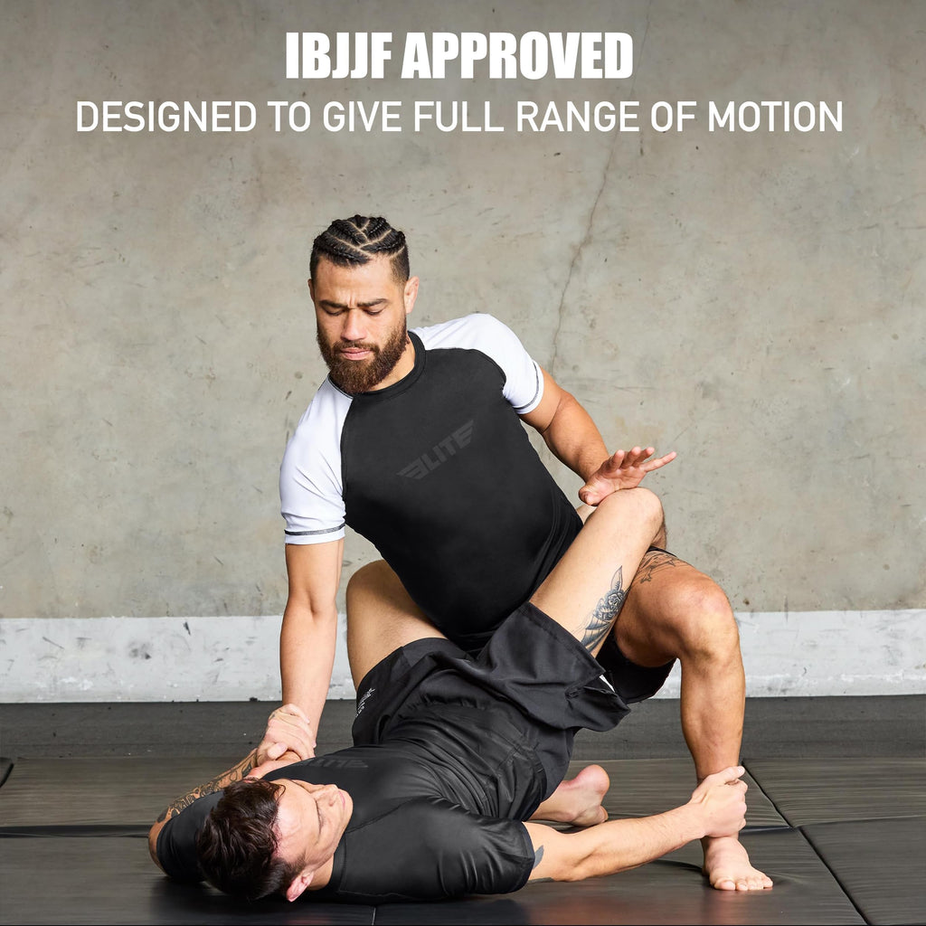 Elite Sports Jiu Jitsu BJJ Rash Guards, Men’s BJJ, No GI, MMA Ranked Short Sleeve Compression Base Layer Rash Guard
