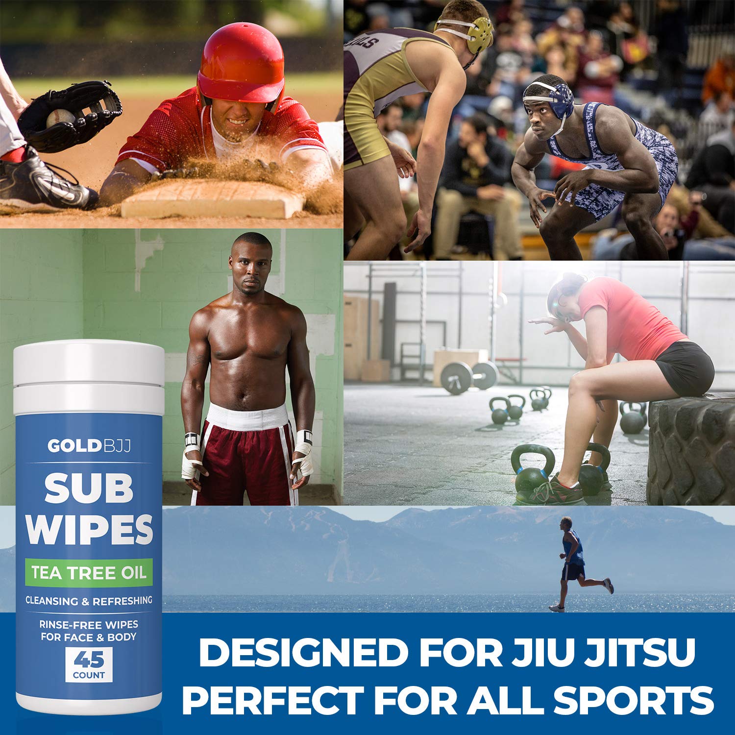 Gold BJJ Jiu Jitsu Wipes [XL 45 Count] Tea Tree Oil Face and Body Wipe - Cleansing Skin Defense for Martial Arts & Wrestling