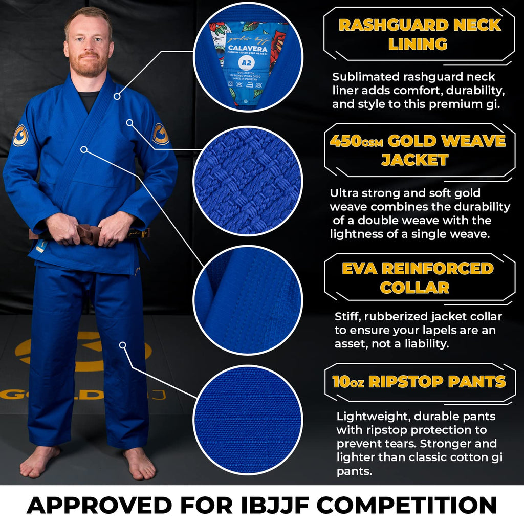 Gold BJJ Calavera Jiu Jitsu Gi - Ultra Strong Gold Weave Premium Kimono - IBJJF Competition Approved Uniform