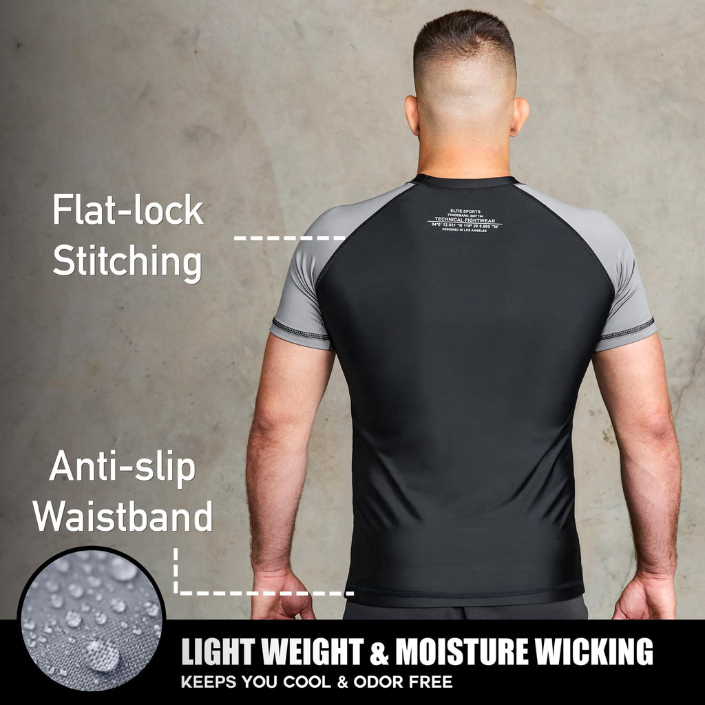 Elite Sports Jiu Jitsu BJJ Rash Guards, Men’s BJJ, No GI, MMA Ranked Short Sleeve Compression Base Layer Rash Guard