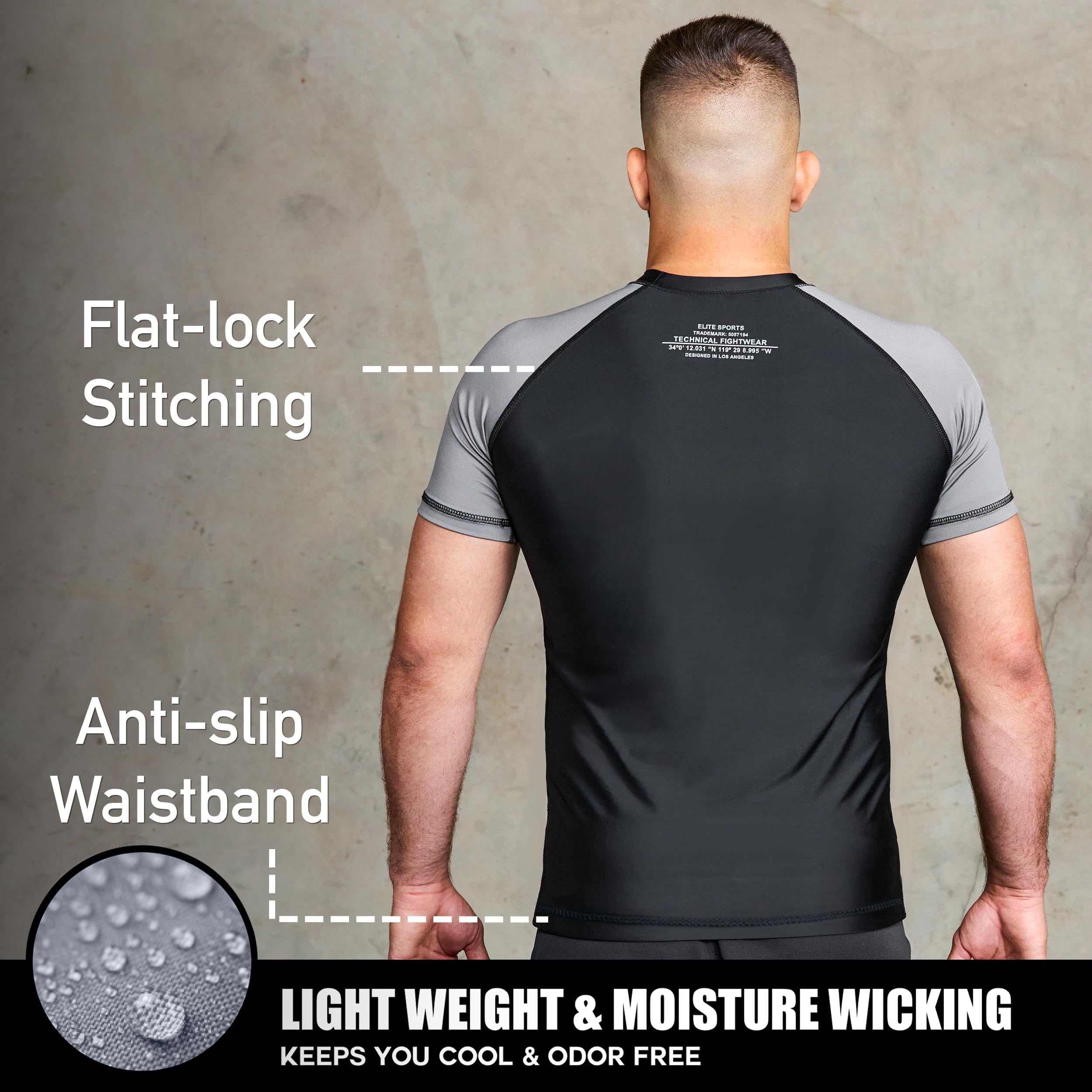 Elite Sports Jiu Jitsu BJJ Rash Guards, Men’s BJJ, No GI, MMA Ranked Short Sleeve Compression Base Layer Rash Guard