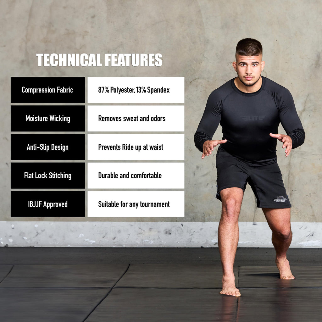 Elite Sports Men's Jiu Jitsu BJJ Rash Guard, Long Full Sleeve Compression Shirt for Sports Nogi Training