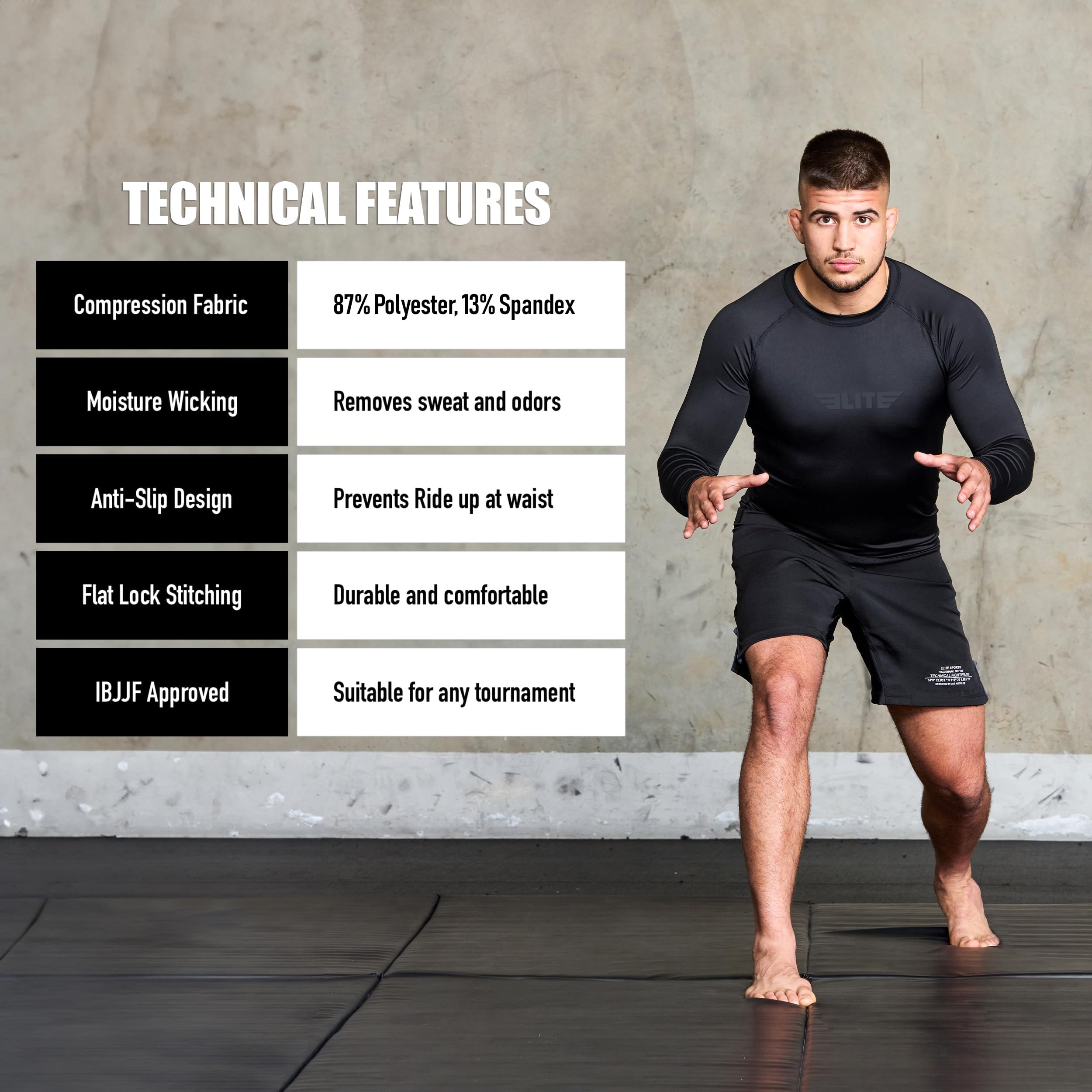 Elite Sports Men's Jiu Jitsu BJJ Rash Guard, Long Full Sleeve Compression Shirt for Sports Nogi Training