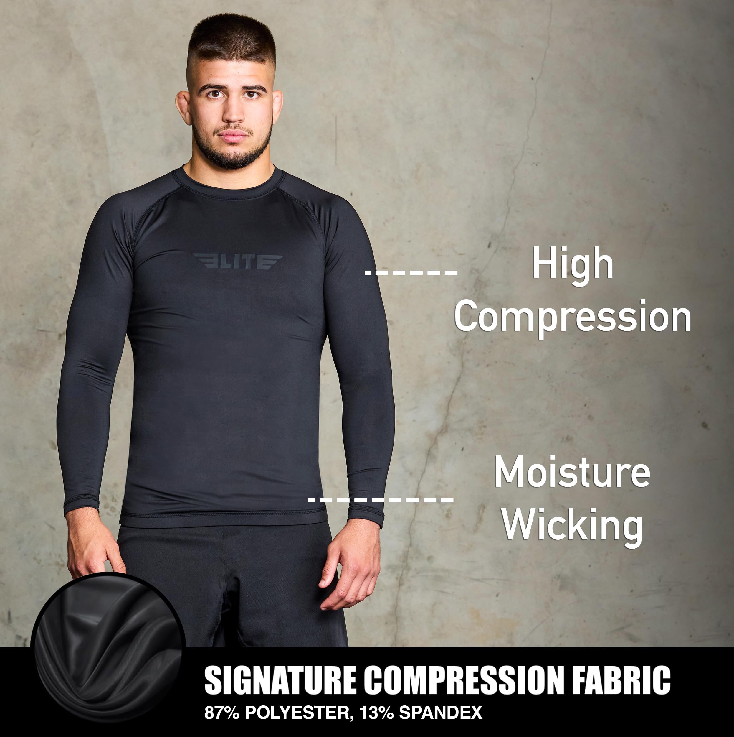Elite Sports Men's Jiu Jitsu BJJ Rash Guard, Long Full Sleeve Compression Shirt for Sports Nogi Training