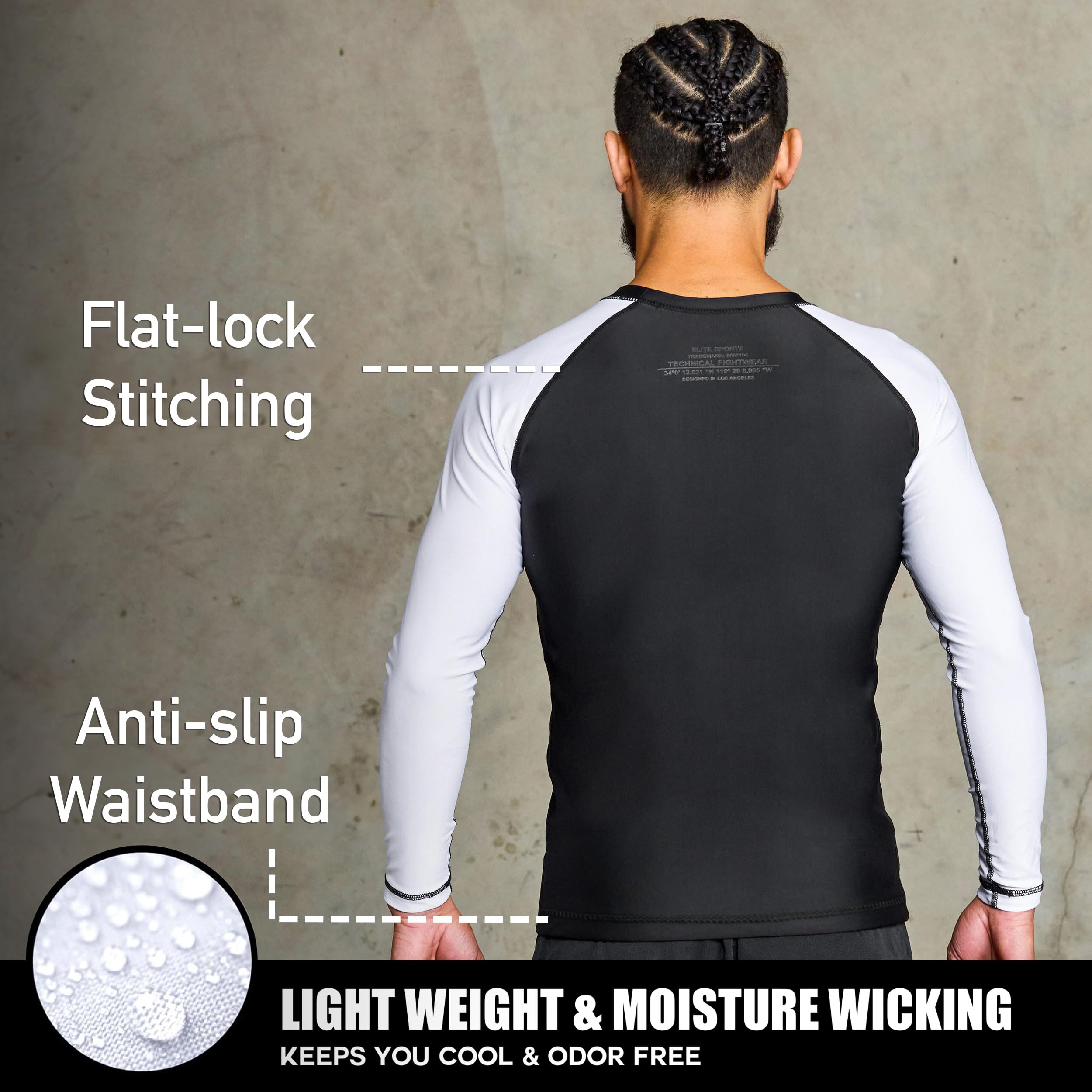 Elite Sports Men's Jiu Jitsu BJJ Rash Guard, Long Full Sleeve Compression Shirt for Sports Nogi Training