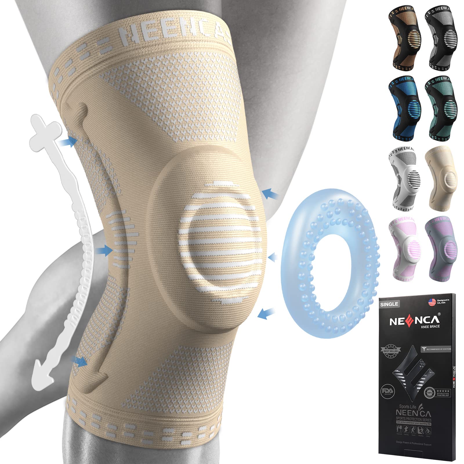 NEENCA Professional Knee Brace for Pain Relief, Medical Knee Support with Patella Pad & Side Stabilizers, Compression Knee Sleeve for Meniscus Tear, ACL, Joint Pain, Runner, Workout - FSA/HSA Eligible