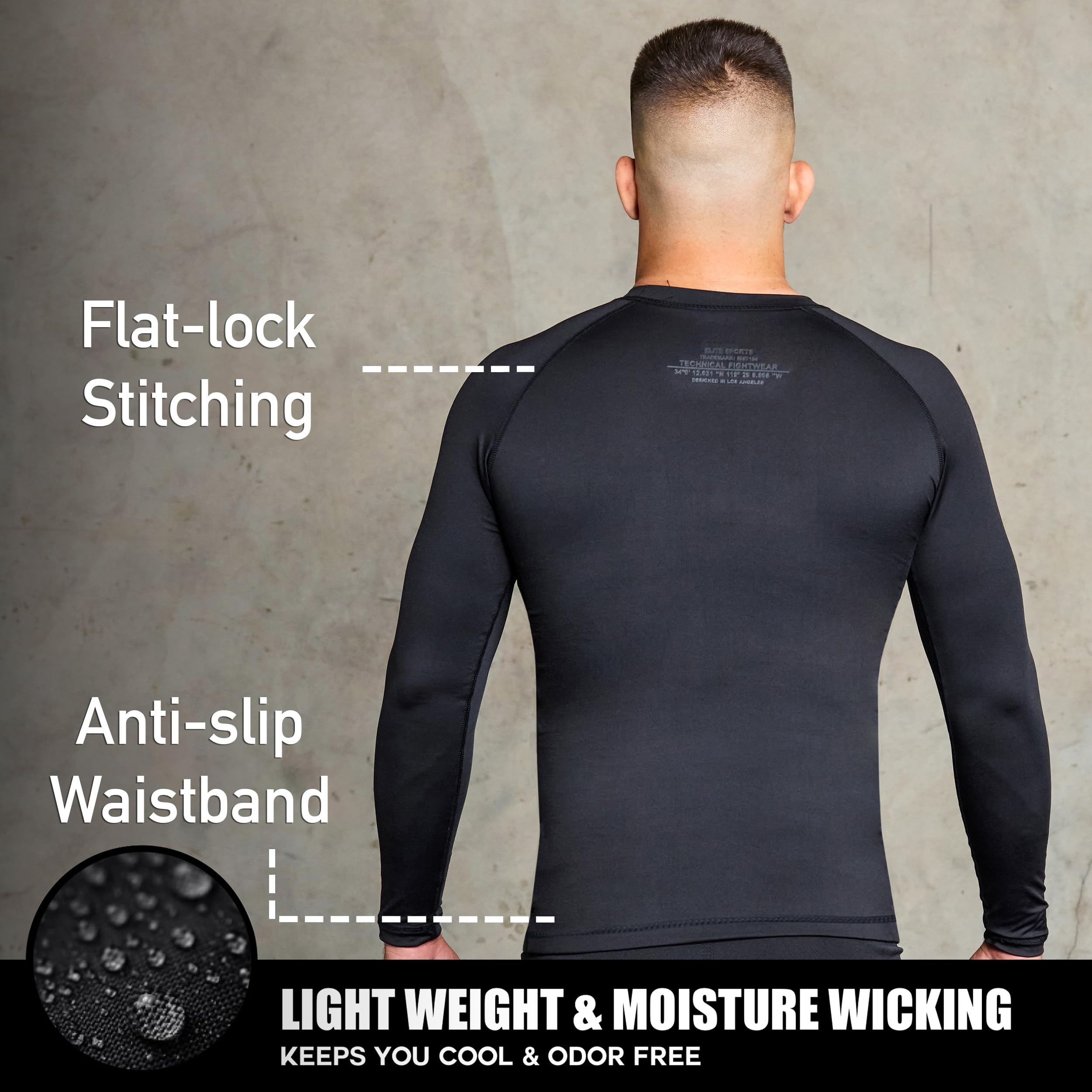 Elite Sports Men's Jiu Jitsu BJJ Rash Guard, Long Full Sleeve Compression Shirt for Sports Nogi Training