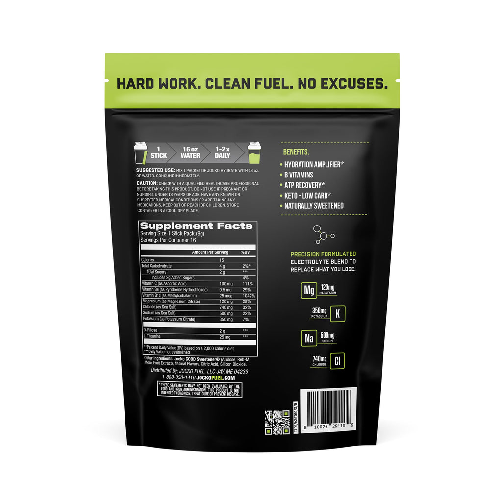 Jocko Fuel Packets Low Sugar - Hydration Amplifier Packets for Recovery, Dehydration, & Exercise - with Vitamins B6, B12 & C (16 Packets) Lemon Lime