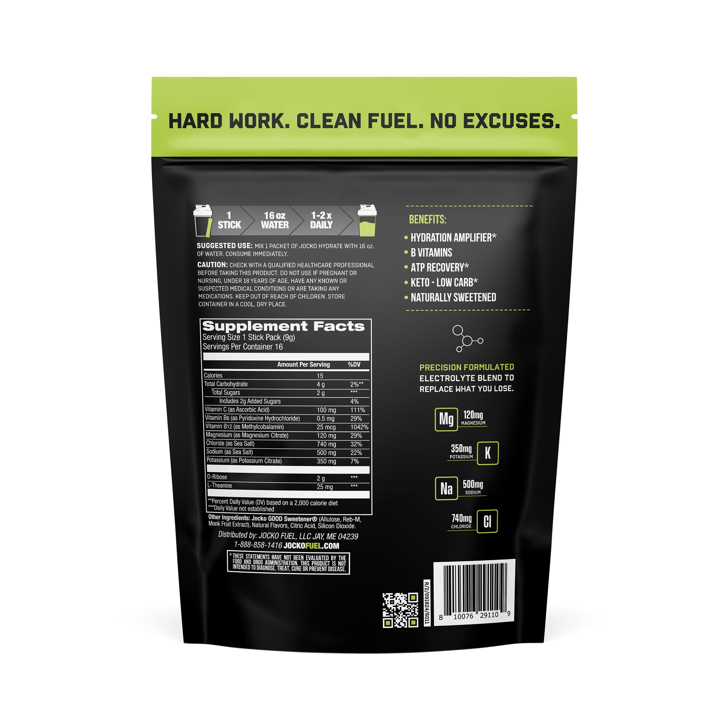 Jocko Fuel Packets Low Sugar - Hydration Amplifier Packets for Recovery, Dehydration, & Exercise - with Vitamins B6, B12 & C (16 Packets) Lemon Lime
