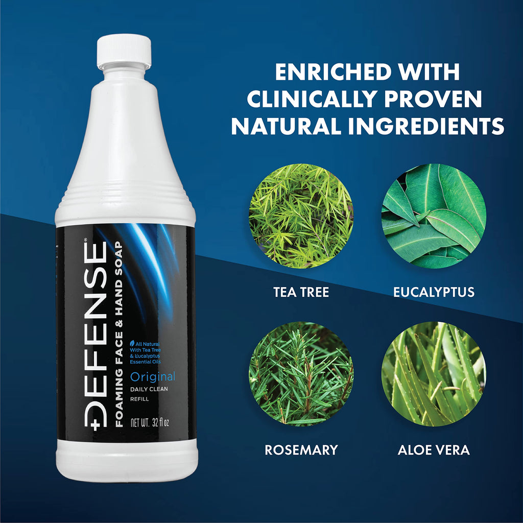 Defense Liquid Foaming Face & Hand Soap 7.5 Fl Oz with Tea Tree, Eucalyptus, Jojoba, Aloe Vera, Olive & Coconut Oils