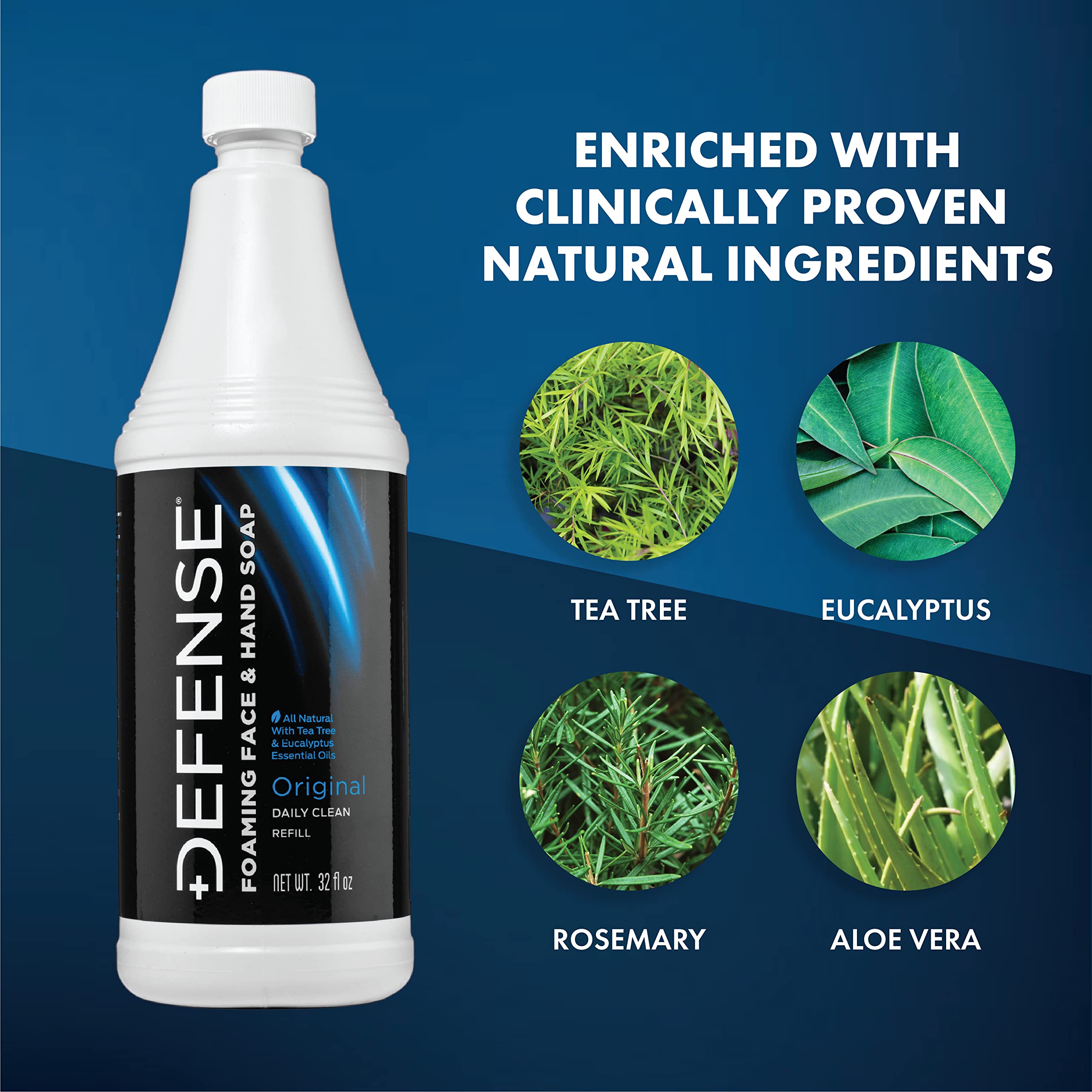 Defense Liquid Foaming Face & Hand Soap 7.5 Fl Oz with Tea Tree, Eucalyptus, Jojoba, Aloe Vera, Olive & Coconut Oils