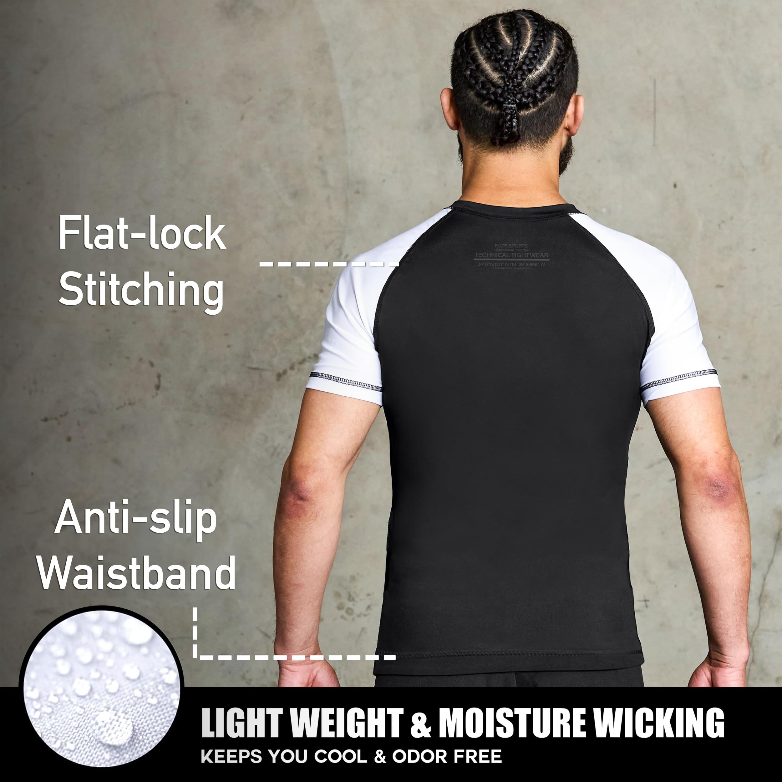 Elite Sports Jiu Jitsu BJJ Rash Guards, Men’s BJJ, No GI, MMA Ranked Short Sleeve Compression Base Layer Rash Guard