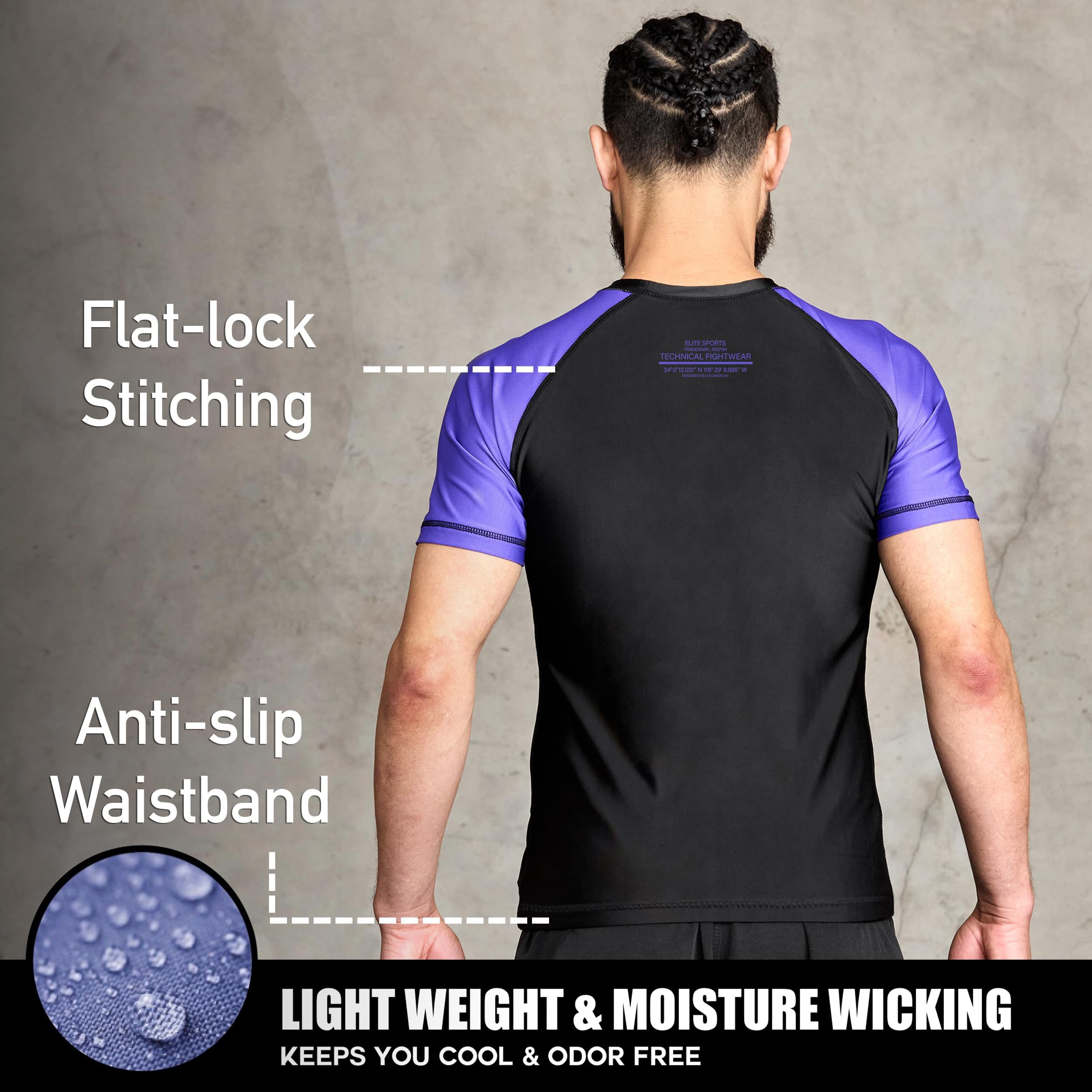 Elite Sports Jiu Jitsu BJJ Rash Guards, Men’s BJJ, No GI, MMA Ranked Short Sleeve Compression Base Layer Rash Guard