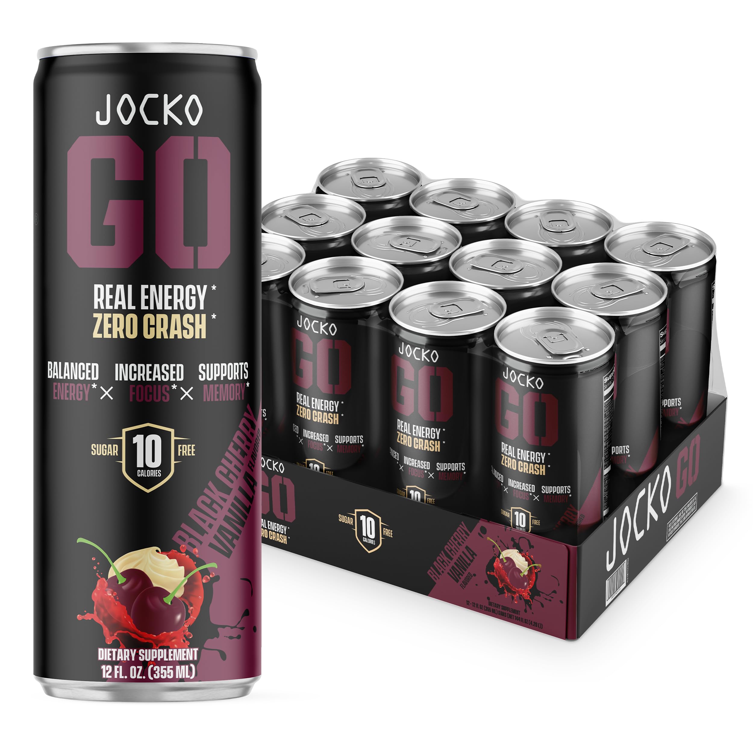 Jocko Fuel Blue Raspberry Energy Drink, 12 Pack, 0 Sugar, 95mg Caffeine, Supports Brain Health