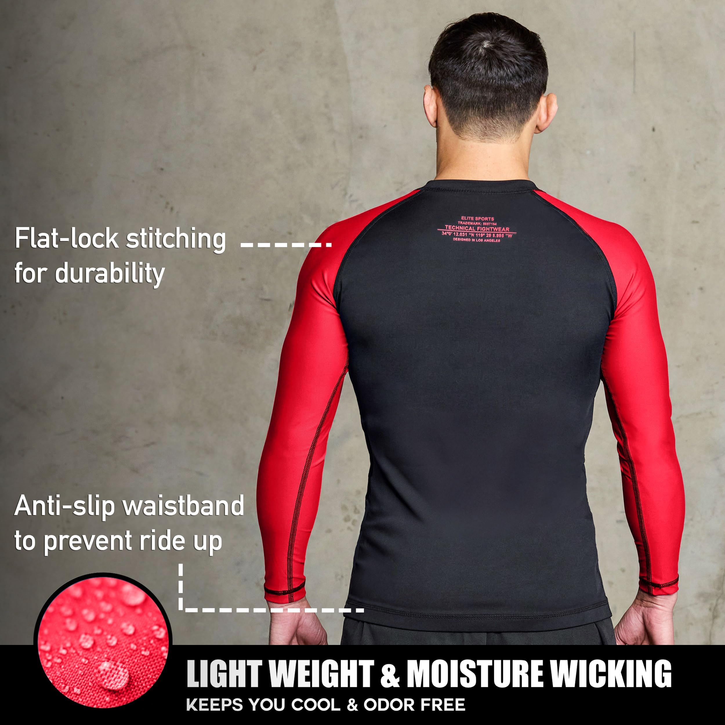 Elite Sports Men's Jiu Jitsu BJJ Rash Guard, Long Full Sleeve Compression Shirt for Sports Nogi Training