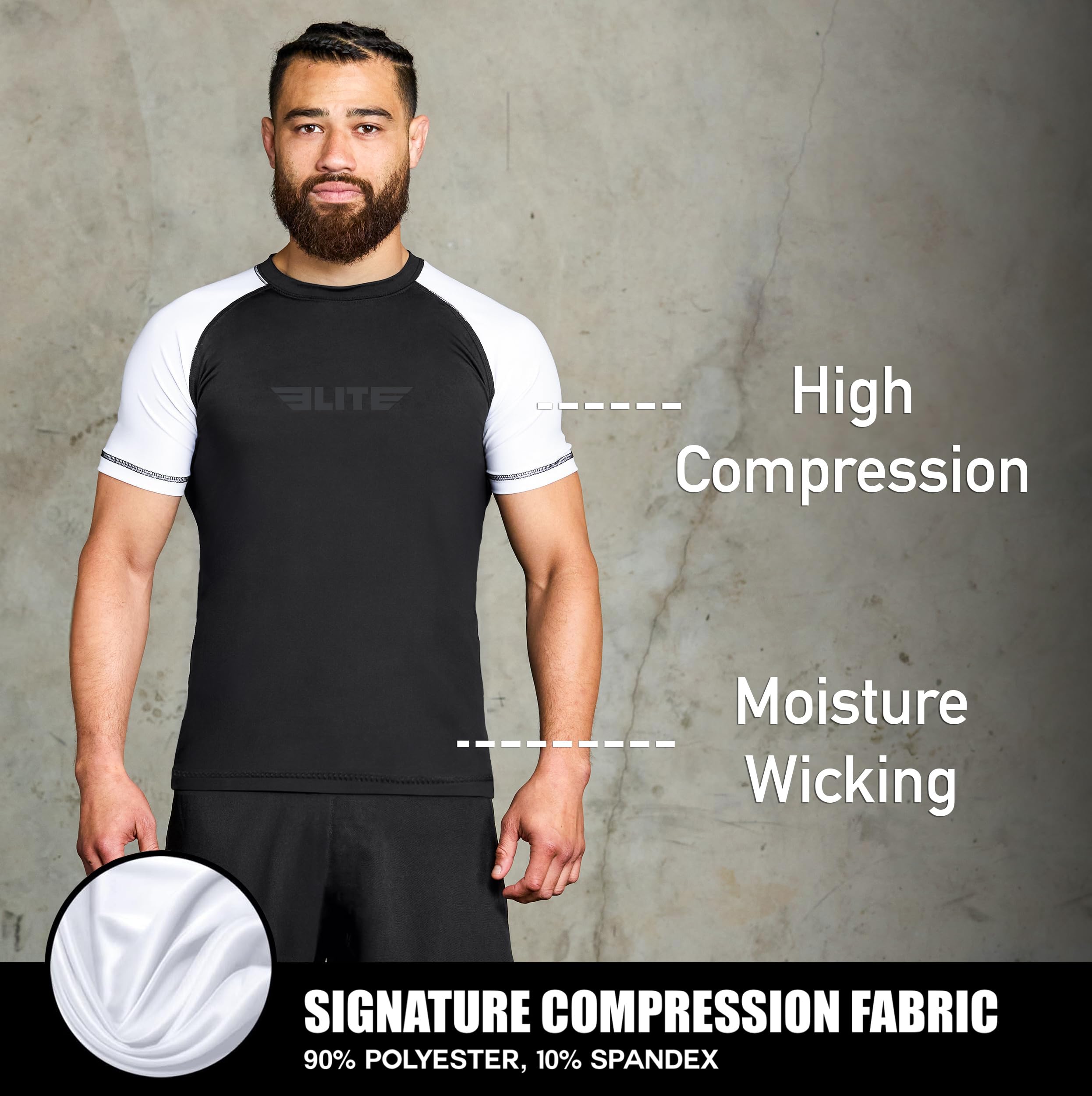 Elite Sports Jiu Jitsu BJJ Rash Guards, Men’s BJJ, No GI, MMA Ranked Short Sleeve Compression Base Layer Rash Guard