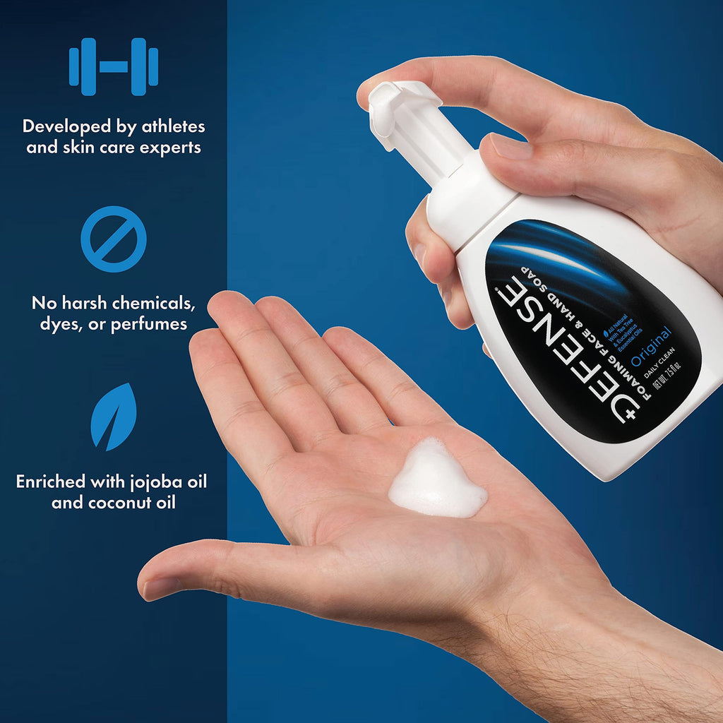 Defense Liquid Foaming Face & Hand Soap 7.5 Fl Oz with Tea Tree, Eucalyptus, Jojoba, Aloe Vera, Olive & Coconut Oils