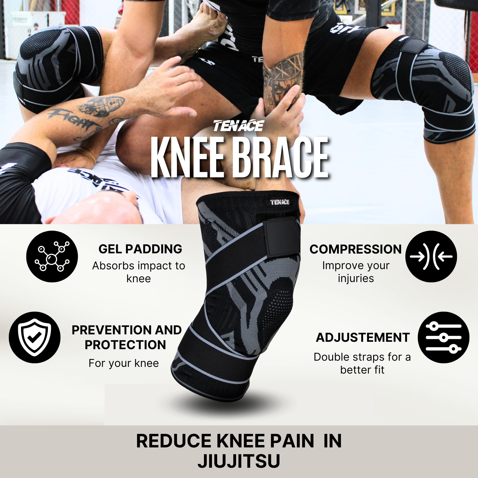 Tenace BJJ Knee Brace Grappling - Compression Knee Pad for Jiu Jitsu, MMA, Muay Thai, Wrestling, Judo - High Durability and Performance Unisex (Medium)