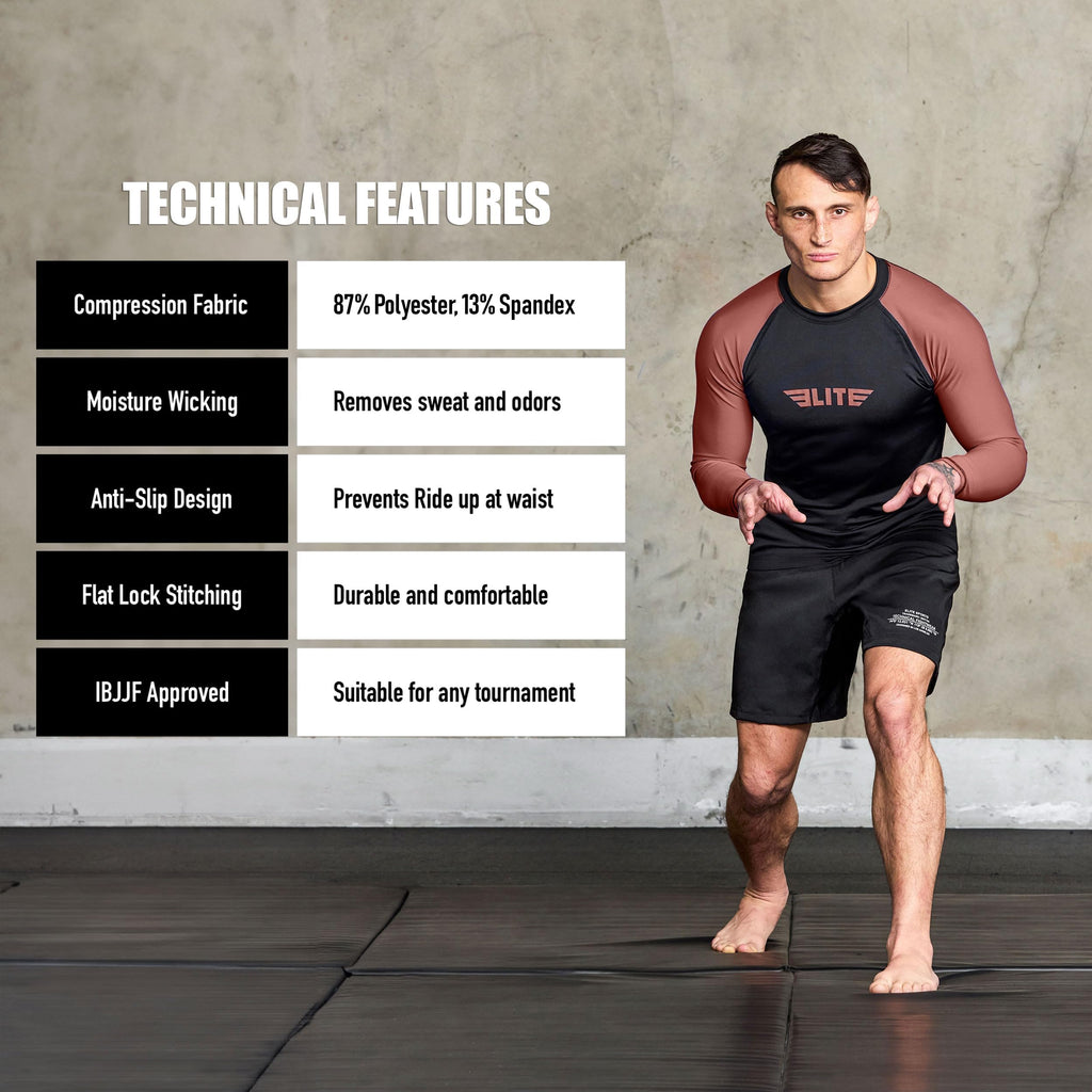 Elite Sports Men's Jiu Jitsu BJJ Rash Guard, Long Full Sleeve Compression Shirt for Sports Nogi Training