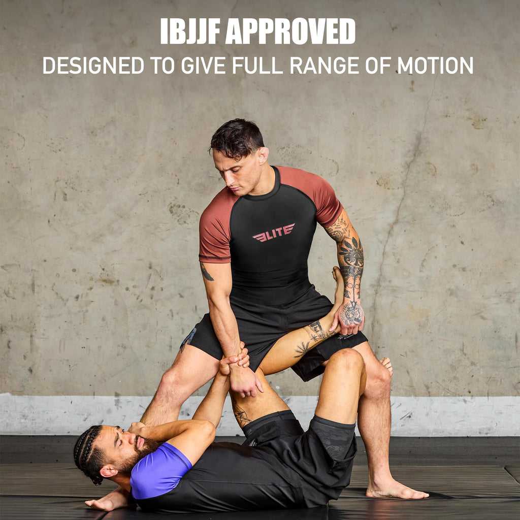 Elite Sports Jiu Jitsu BJJ Rash Guards, Men’s BJJ, No GI, MMA Ranked Short Sleeve Compression Base Layer Rash Guard