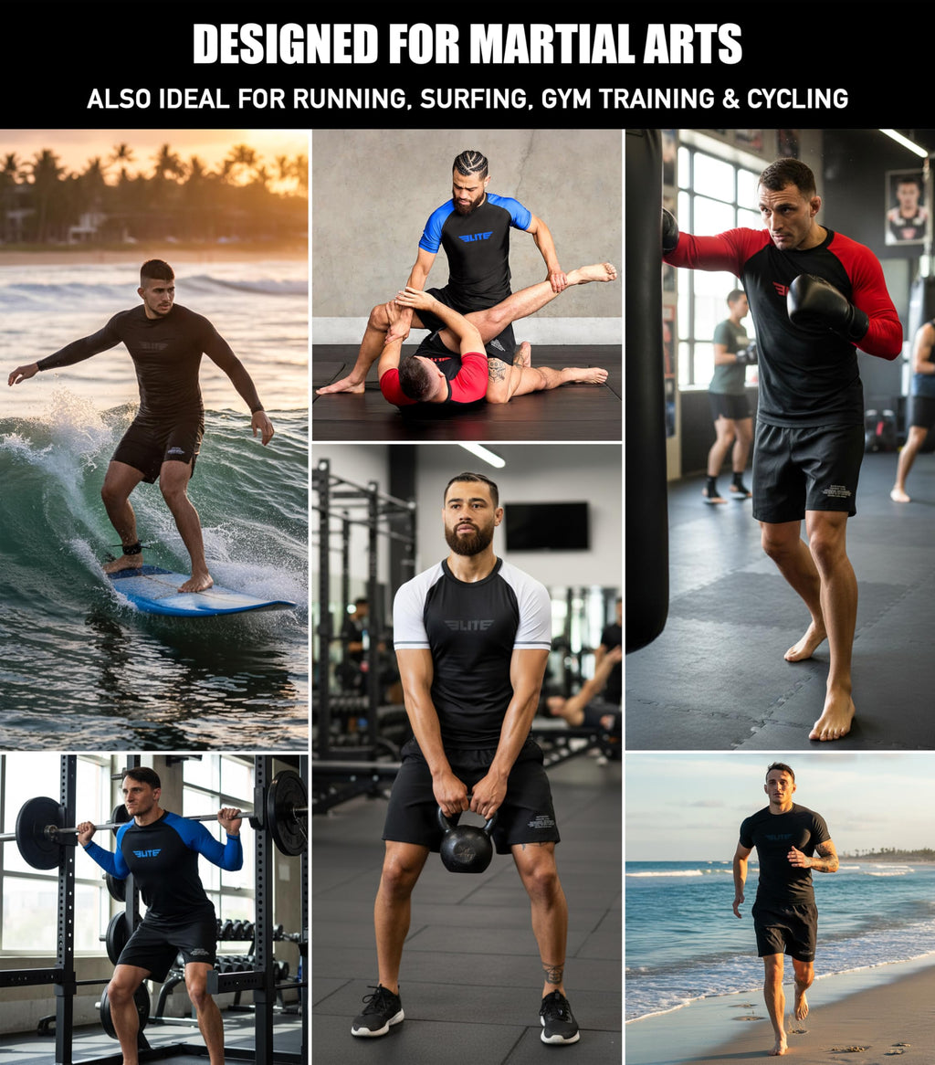 Elite Sports Jiu Jitsu BJJ Rash Guards, Men’s BJJ, No GI, MMA Ranked Short Sleeve Compression Base Layer Rash Guard